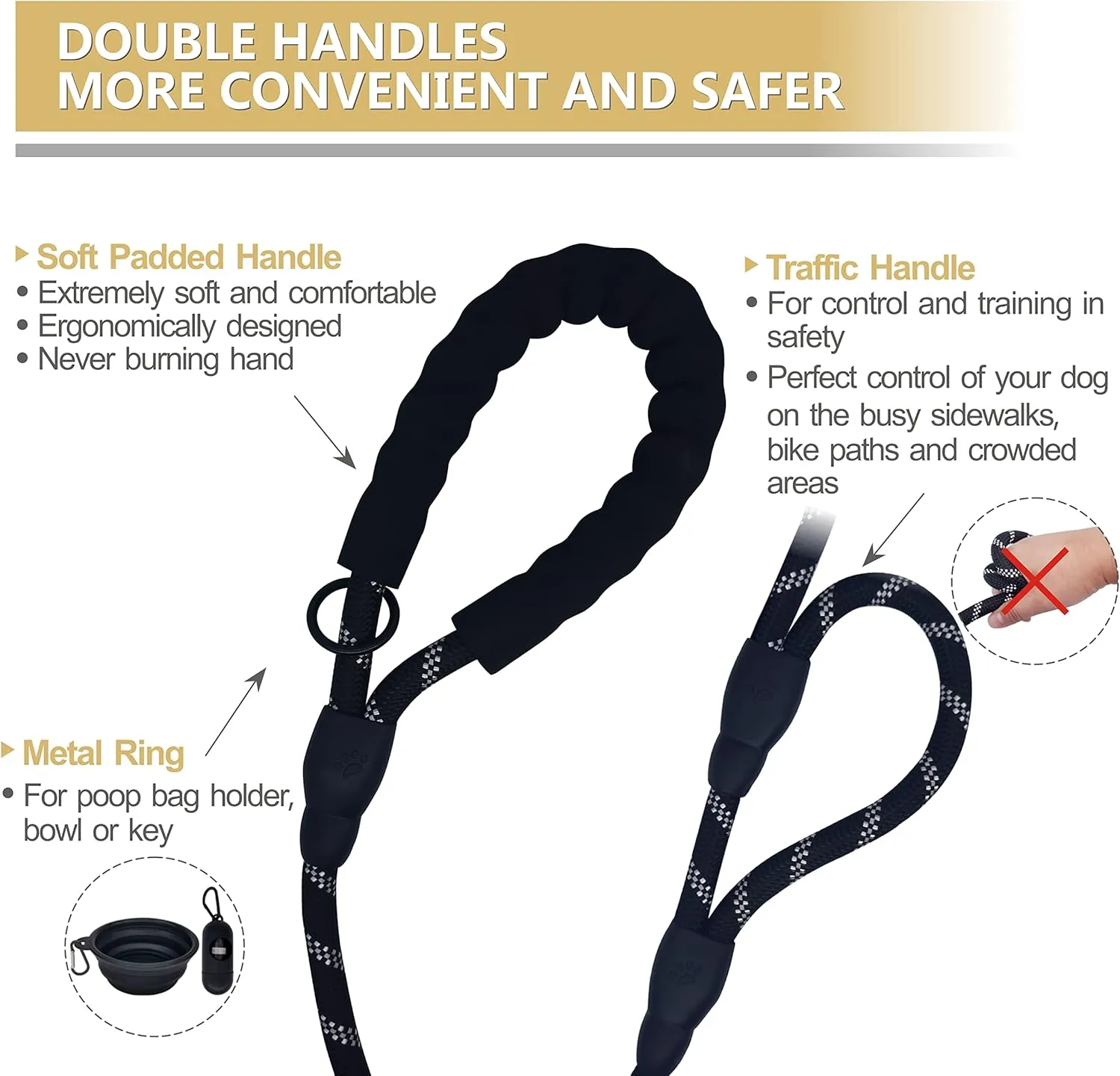 Dog Leash Heavy Duty 6ft, Double Handle Dog Leash with Padded Handle for Traffic Control, Reflective Rope Leashes for Large and Medium Dogs Control Safety Training at Night (Black)