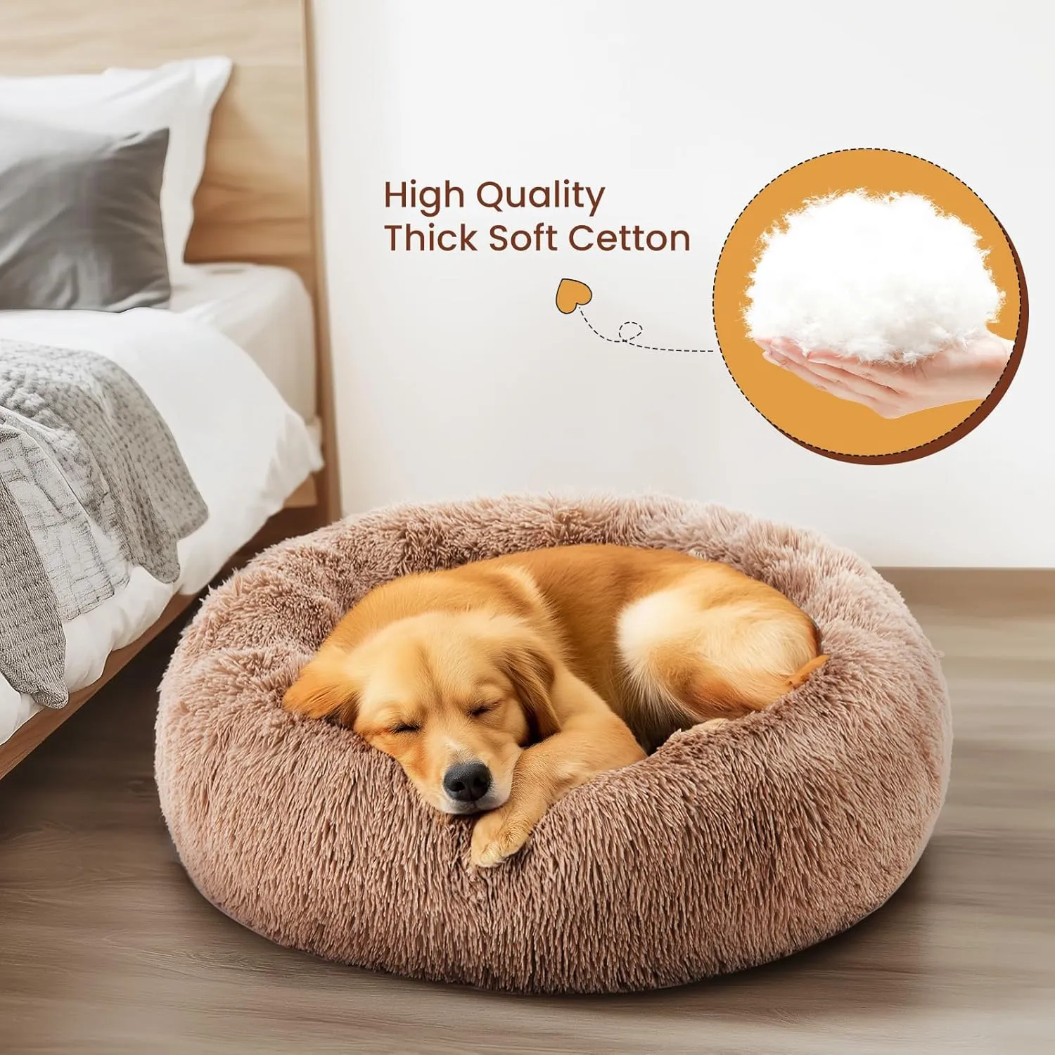 DUMOS Calming Donut Cat & Dog Bed for Medium Dogs, Machine Washable Cuddle Warming Cozy Fluffy Faux Fur Plush Round Dog Bed, Anti-Anxiety Waterproof Anti-Slip Pet Bed, Brown, 24248 Inches