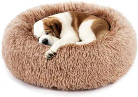 DUMOS Calming Donut Cat & Dog Bed for Medium Dogs, Machine Washable Cuddle Warming Cozy Fluffy Faux Fur Plush Round Dog Bed, Anti-Anxiety Waterproof Anti-Slip Pet Bed, Brown, 24248 Inches