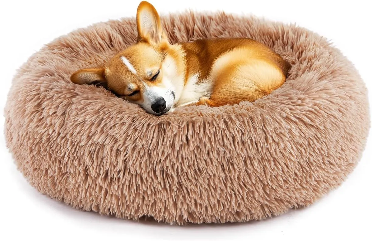 DUMOS Calming Donut Cat & Dog Bed for Small Dogs, Machine Washable Cuddle Warming Cozy Fluffy Faux Fur Plush Round Dog Bed, Anti-Anxiety Waterproof Anti-Slip Pet Bed, Brown, 20208 Inches