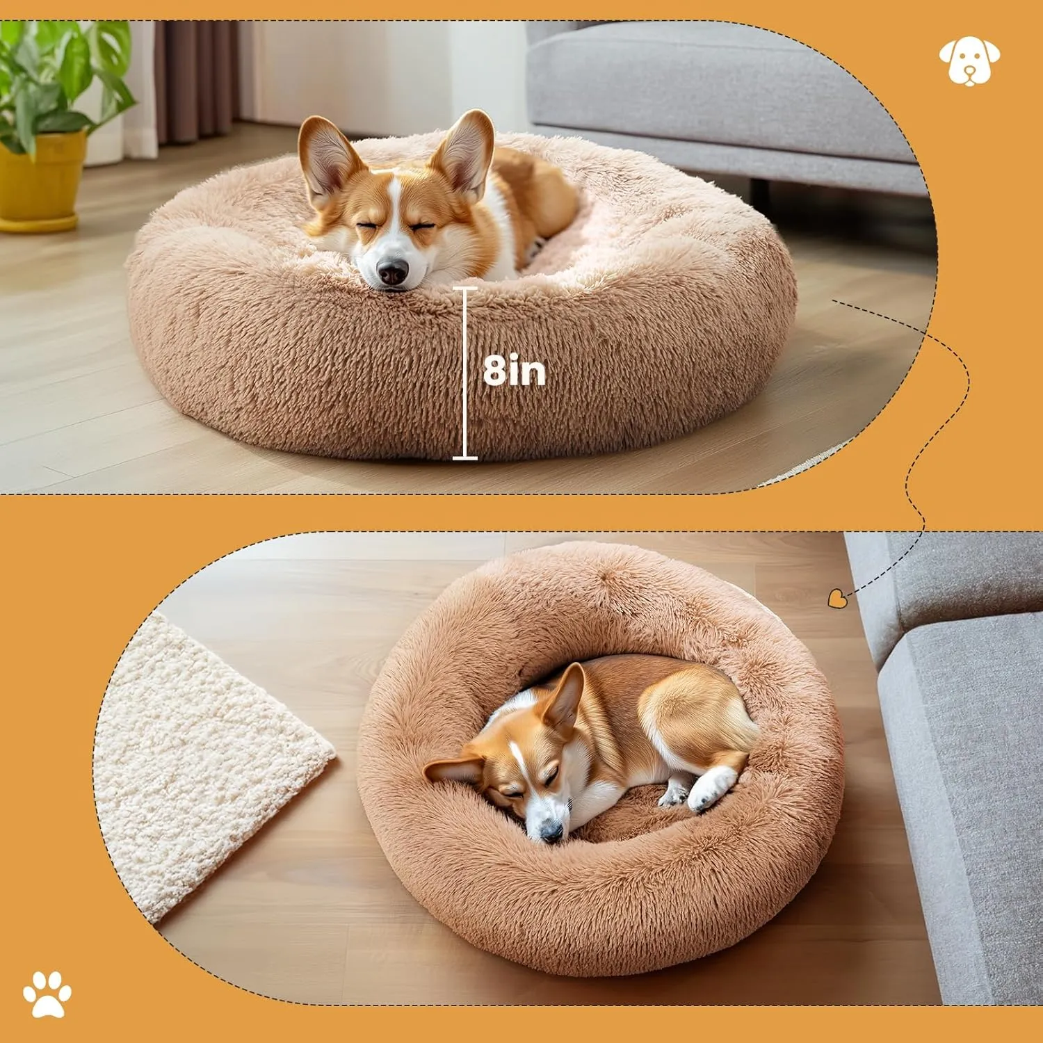 DUMOS Calming Donut Cat & Dog Bed for Small Dogs, Machine Washable Cuddle Warming Cozy Fluffy Faux Fur Plush Round Dog Bed, Anti-Anxiety Waterproof Anti-Slip Pet Bed, Brown, 20208 Inches