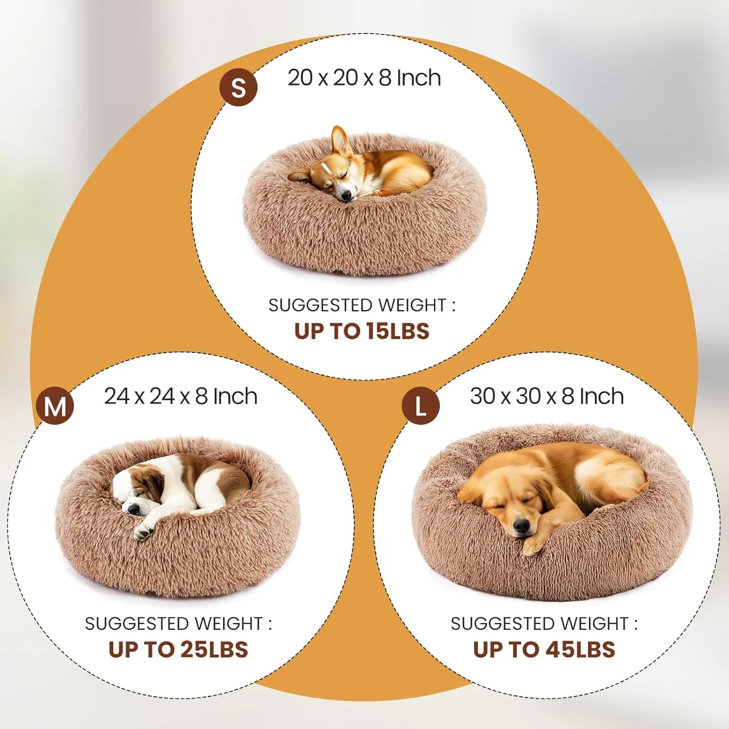 DUMOS Calming Donut Cat & Dog Bed for Small Dogs, Machine Washable Cuddle Warming Cozy Fluffy Faux Fur Plush Round Dog Bed, Anti-Anxiety Waterproof Anti-Slip Pet Bed, Brown, 20208 Inches
