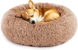 DUMOS Calming Donut Cat & Dog Bed for Small Dogs, Machine Washable Cuddle Warming Cozy Fluffy Faux Fur Plush Round Dog Bed, Anti-Anxiety Waterproof Anti-Slip Pet Bed, Brown, 20208 Inches