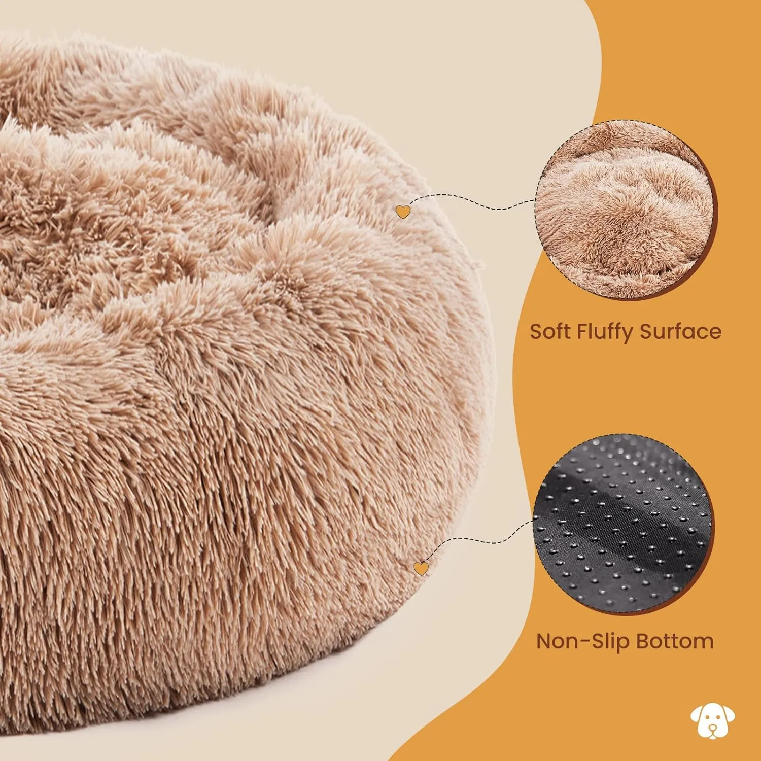 DUMOS Calming Donut Cat & Dog Bed for Small Dogs, Machine Washable Cuddle Warming Cozy Fluffy Faux Fur Plush Round Dog Bed, Anti-Anxiety Waterproof Anti-Slip Pet Bed, Brown, 20208 Inches