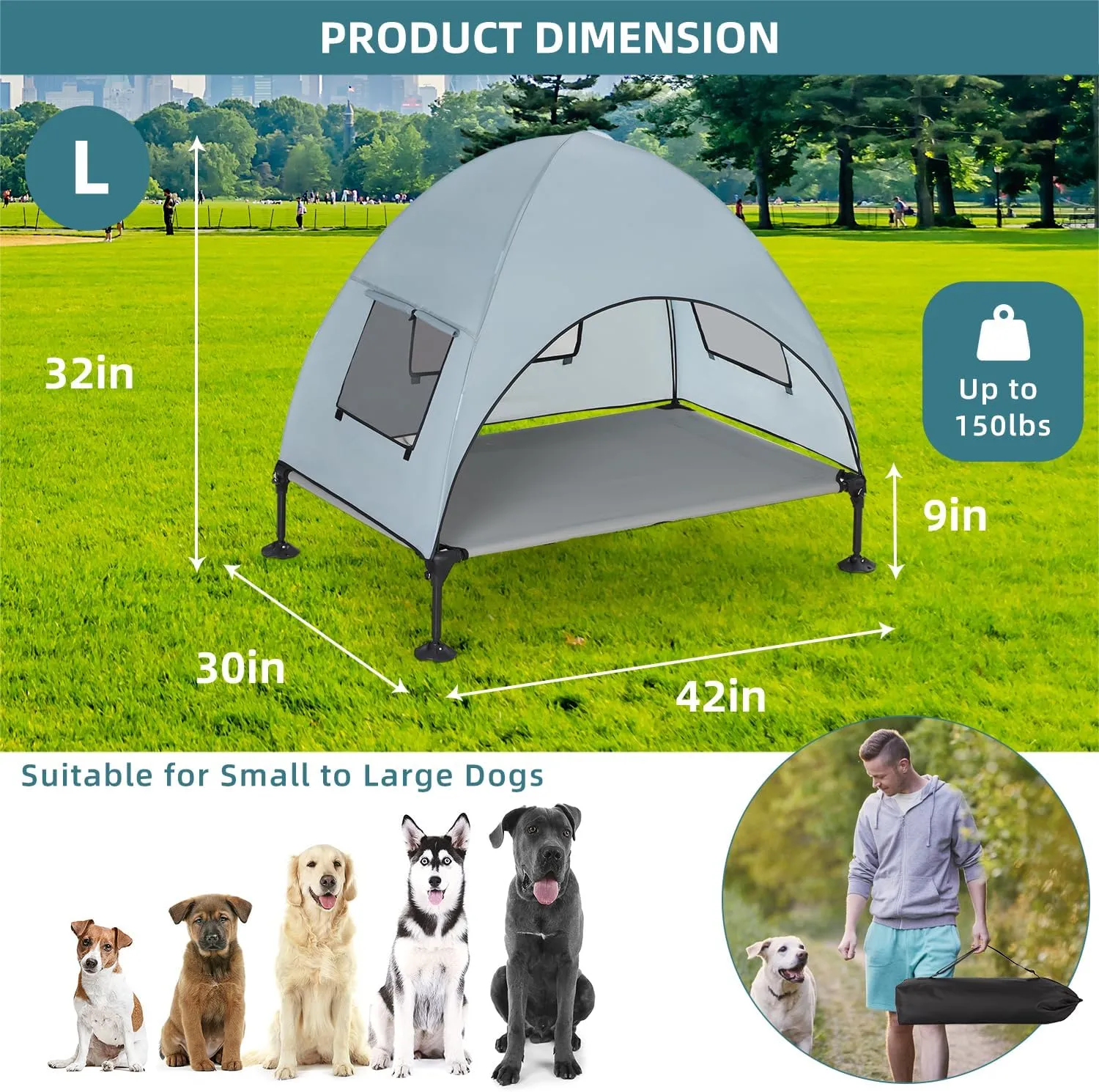 Elevated Outdoor Dog Bed with Canopy, Cooling Raised Pet Cot Bed with Removable Shade, Portable Pet Bed Cot with 360 Adjustable & Non-Slip Feet, Dog Tent Bed for Large Dogs Camping, Indoor & Outdoor