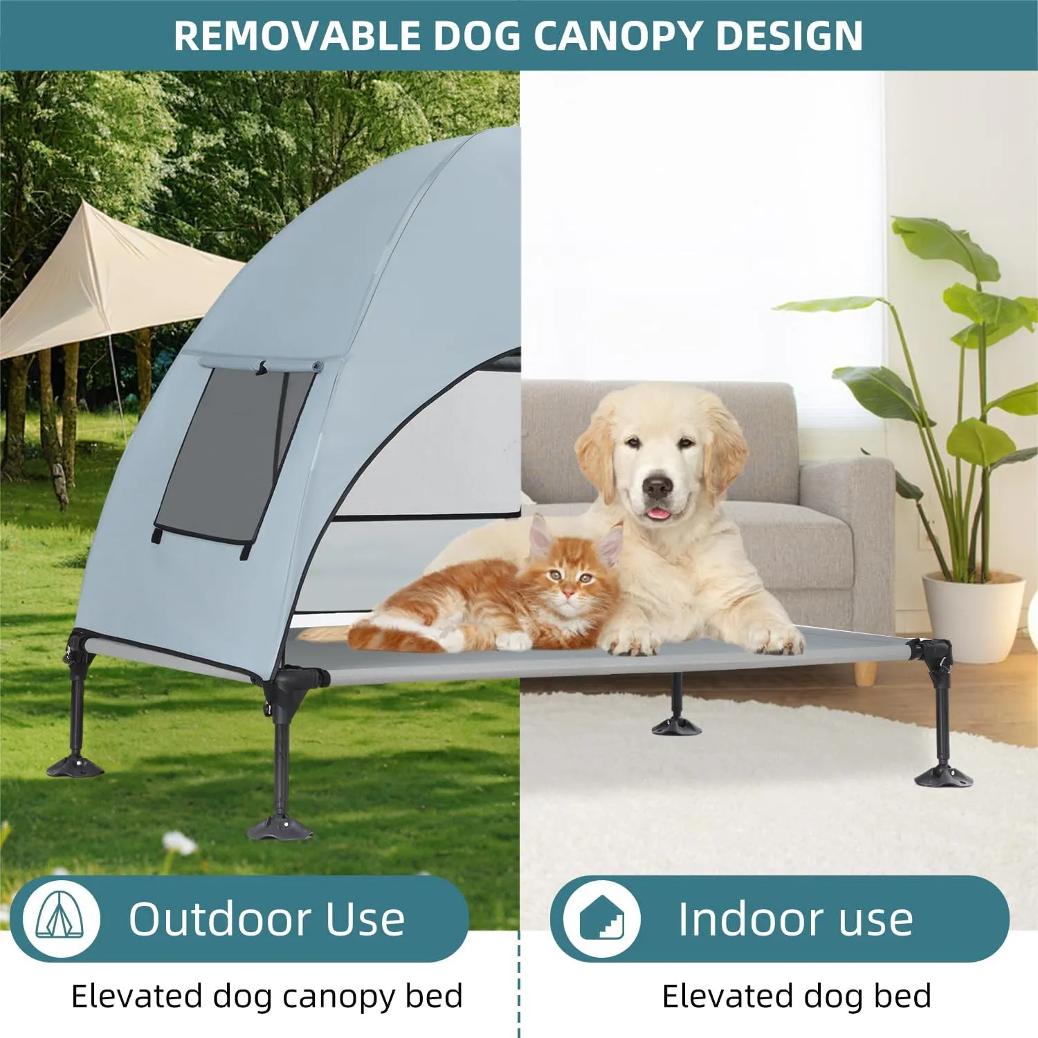 Elevated Outdoor Dog Bed with Canopy, Cooling Raised Pet Cot Bed with Removable Shade, Portable Pet Bed Cot with 360 Adjustable & Non-Slip Feet, Dog Tent Bed for Large Dogs Camping, Indoor & Outdoor