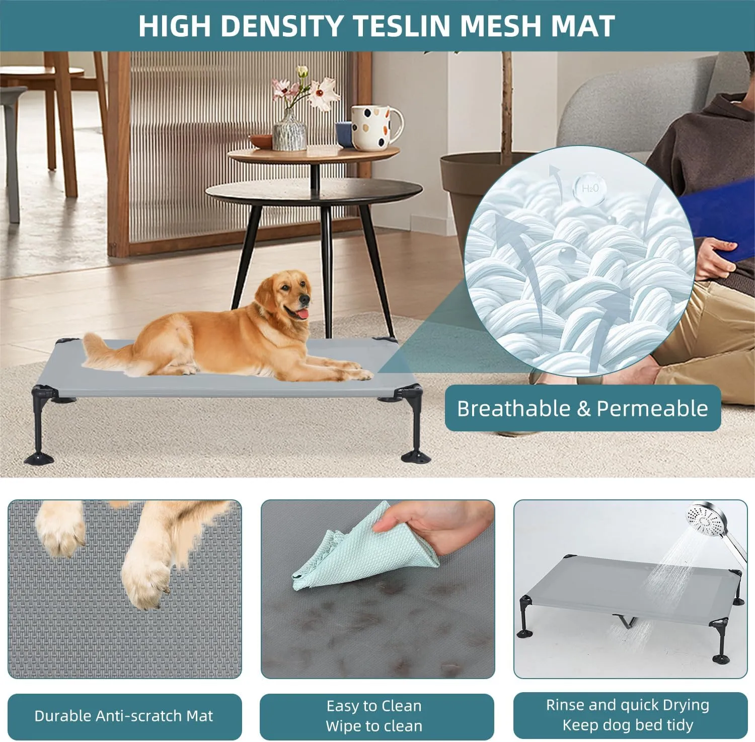 Elevated Outdoor Dog Bed with Canopy, Cooling Raised Pet Cot Bed with Removable Shade, Portable Pet Bed Cot with 360 Adjustable & Non-Slip Feet, Dog Tent Bed for Large Dogs Camping, Indoor & Outdoor