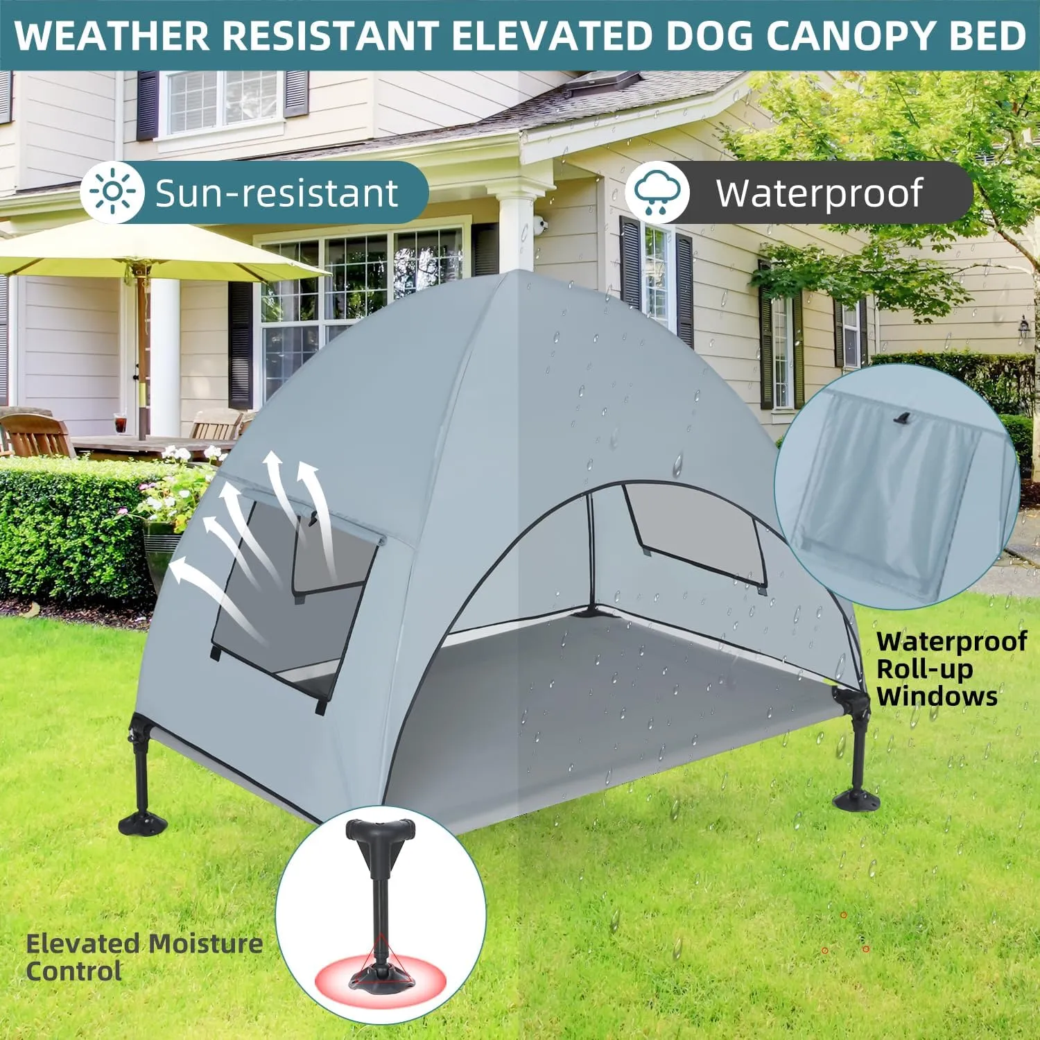 Elevated Outdoor Dog Bed with Canopy, Cooling Raised Pet Cot Bed with Removable Shade, Portable Pet Bed Cot with 360 Adjustable & Non-Slip Feet, Dog Tent Bed for Large Dogs Camping, Indoor & Outdoor