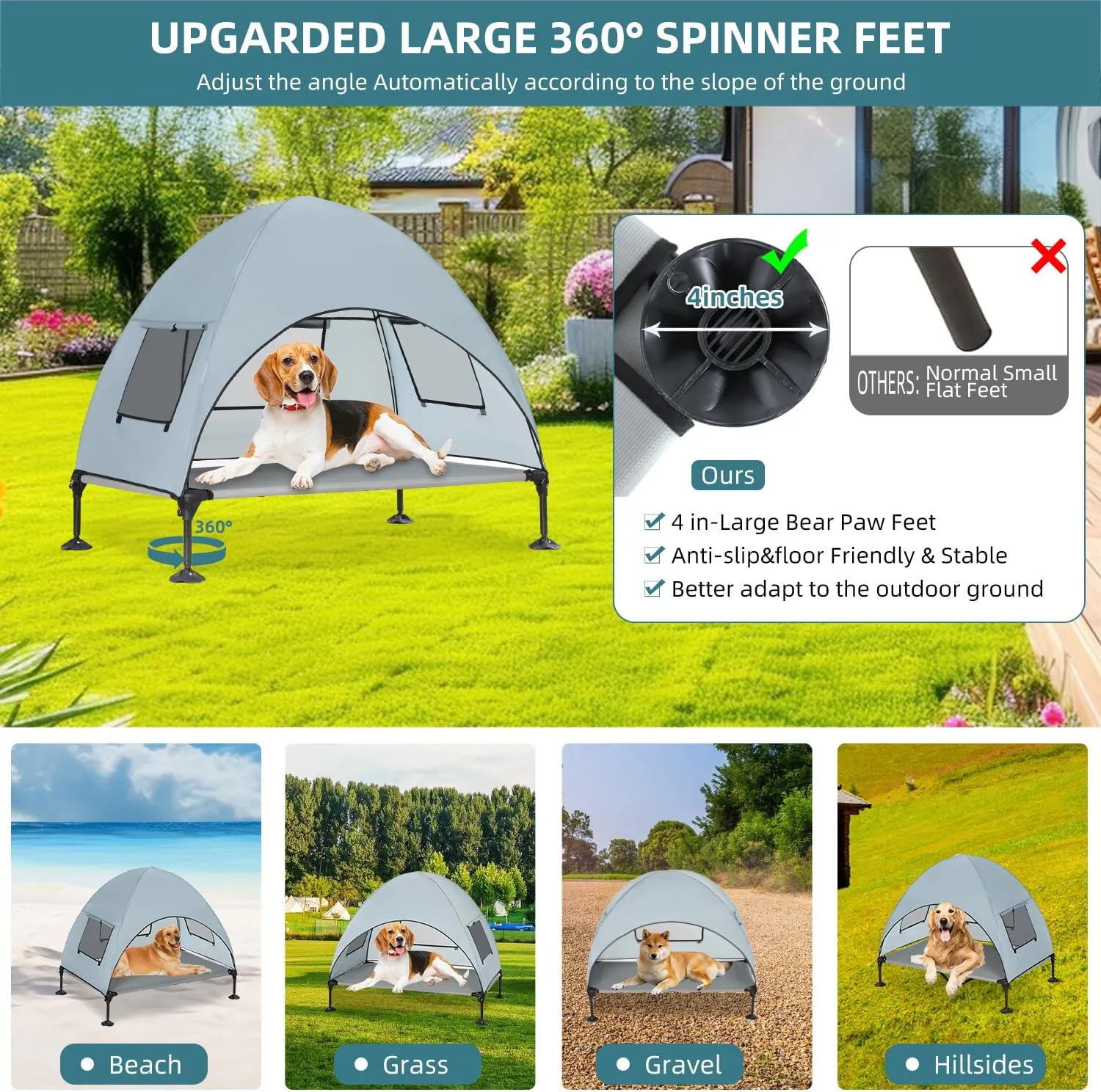 Elevated Outdoor Dog Bed with Canopy, Cooling Raised Pet Cot Bed with Removable Shade, Portable Pet Bed Cot with 360 Adjustable & Non-Slip Feet, Dog Tent Bed for Large Dogs Camping, Indoor & Outdoor