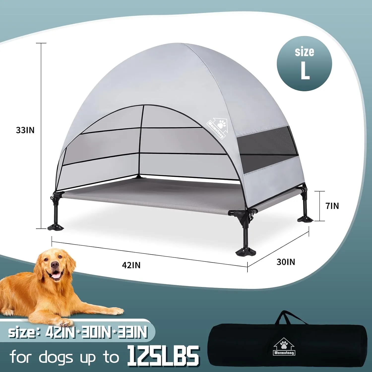 Elevated Outdoor Dog Bed with Canopy, Raised Dog Cot with Stable Adjustable Feet, Dog Camping Bed with Larger Shade, Lifted Dog Tent Bed with Canopy for Outside Camping, Backyard, Patio & Beach