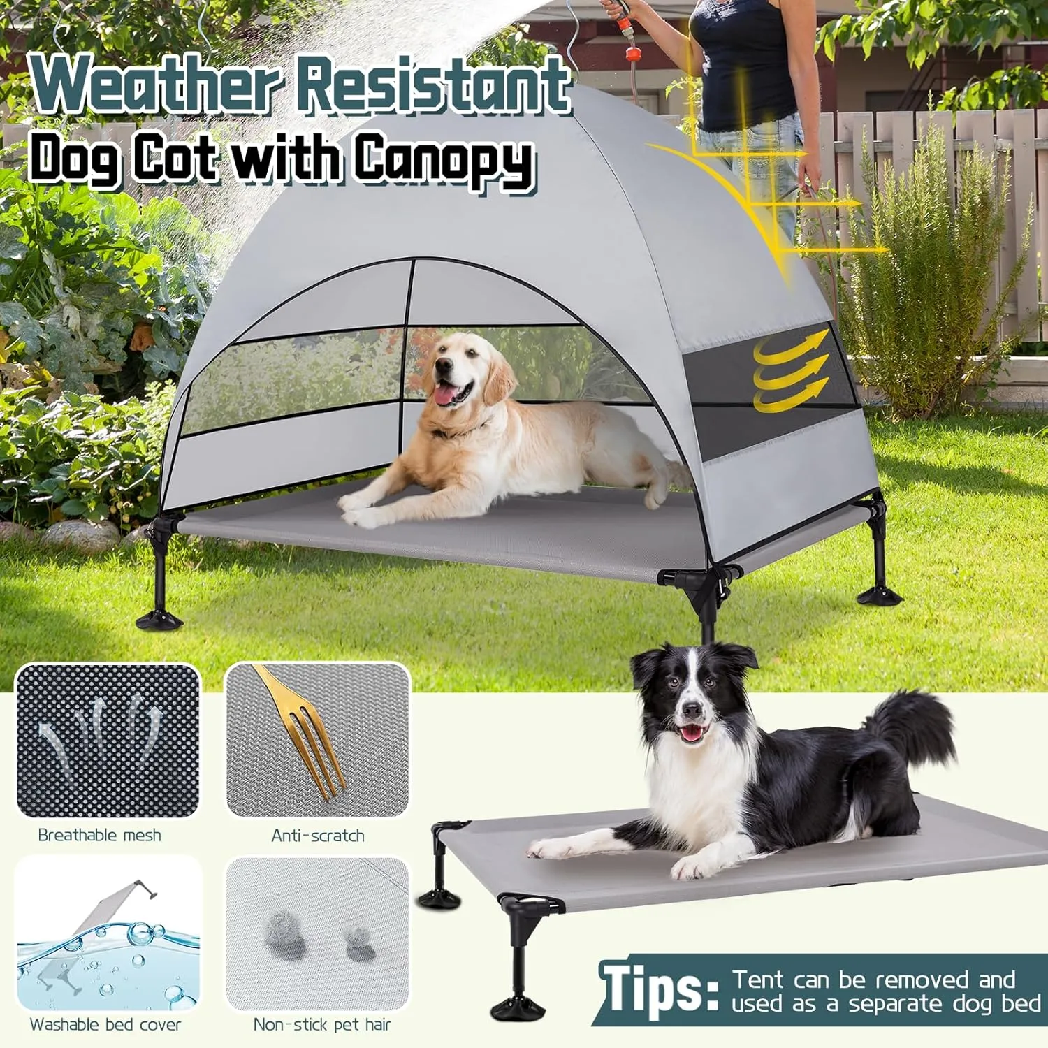 Elevated Outdoor Dog Bed with Canopy, Raised Dog Cot with Stable Adjustable Feet, Dog Camping Bed with Larger Shade, Lifted Dog Tent Bed with Canopy for Outside Camping, Backyard, Patio & Beach