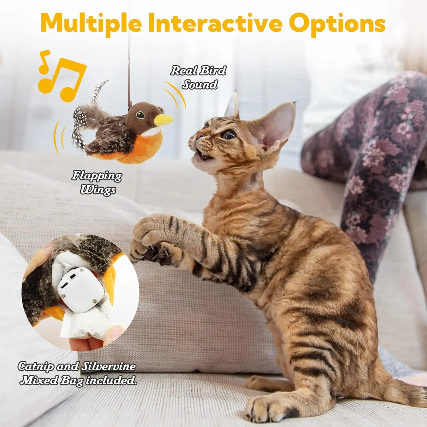 Flapping Bird Cat Toy, Motion Activated with Catnip, 3 Modes & USB Rechargeable, Machine Washable Interactive Toy for Indoor Cats