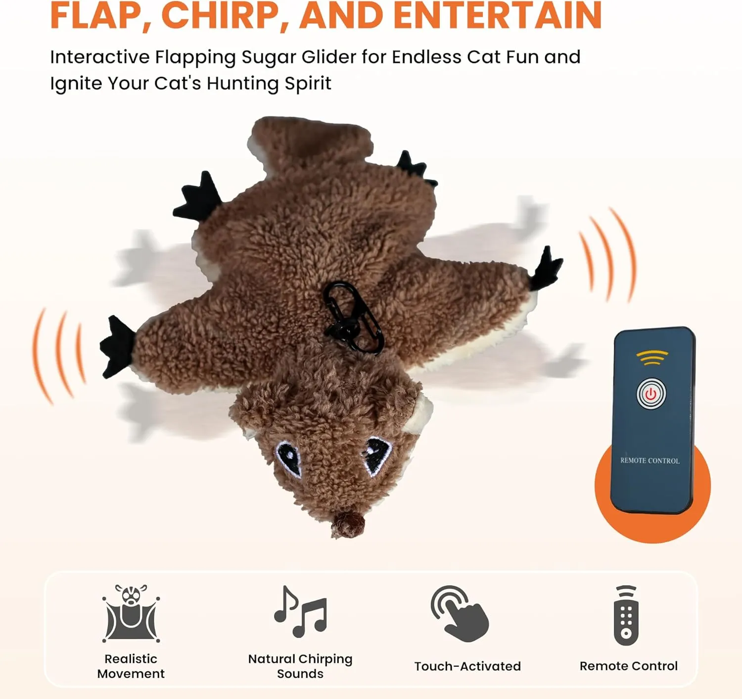 Flapping Squrriel Cat Toy | Rechargeable Touch Activated Interactive Cat Toys | 3-Speed Catnip Toys for All Breeds | Simulated Self-Play Chirping Bird Kitten Toys | Cats Kicker Toy Hangable One
