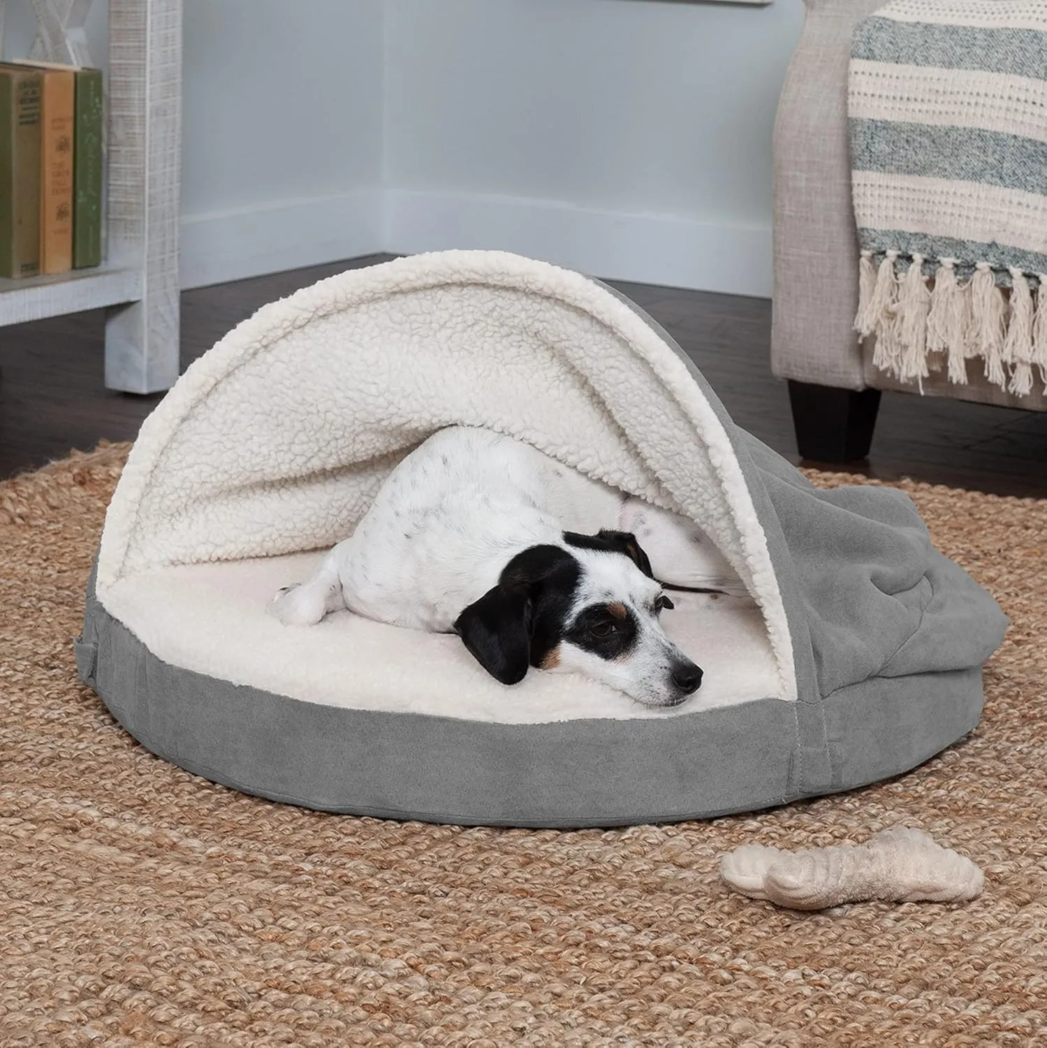 Furhaven 26" Round Orthopedic Dog Bed for Medium/Small Dogs w/ Removable Washable Cover, For Dogs Up to 30 lbs - Sherpa & Suede Snuggery - Gray, 26-inch