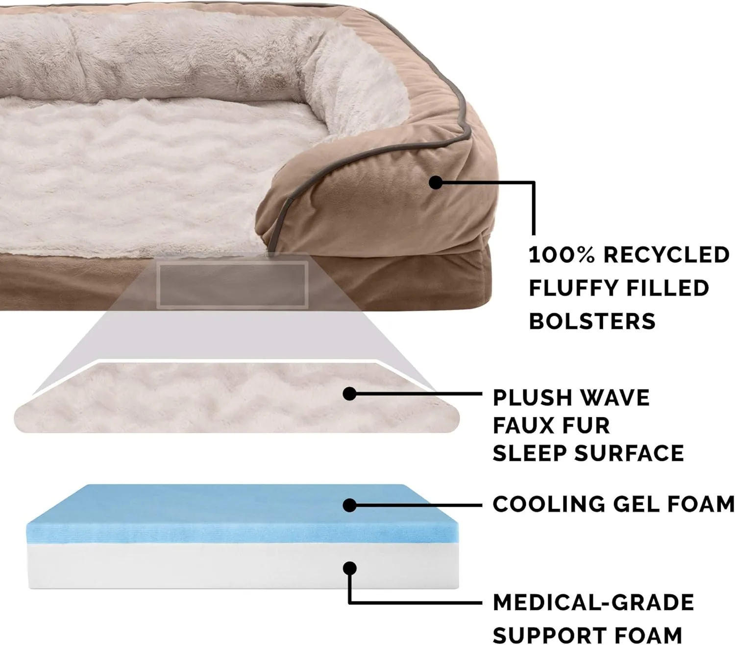 Furhaven Cooling Gel Dog Bed for Large Dogs w/ Removable Bolsters & Washable Cover, For Dogs Up to 95 lbs - Plush & Velvet Waves Perfect Comfort Sofa - Brownstone, Jumbo/XL