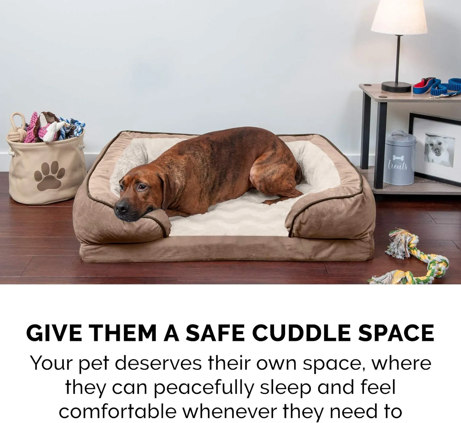 Furhaven Cooling Gel Dog Bed for Large Dogs w/ Removable Bolsters & Washable Cover, For Dogs Up to 95 lbs - Plush & Velvet Waves Perfect Comfort Sofa - Brownstone, Jumbo/XL