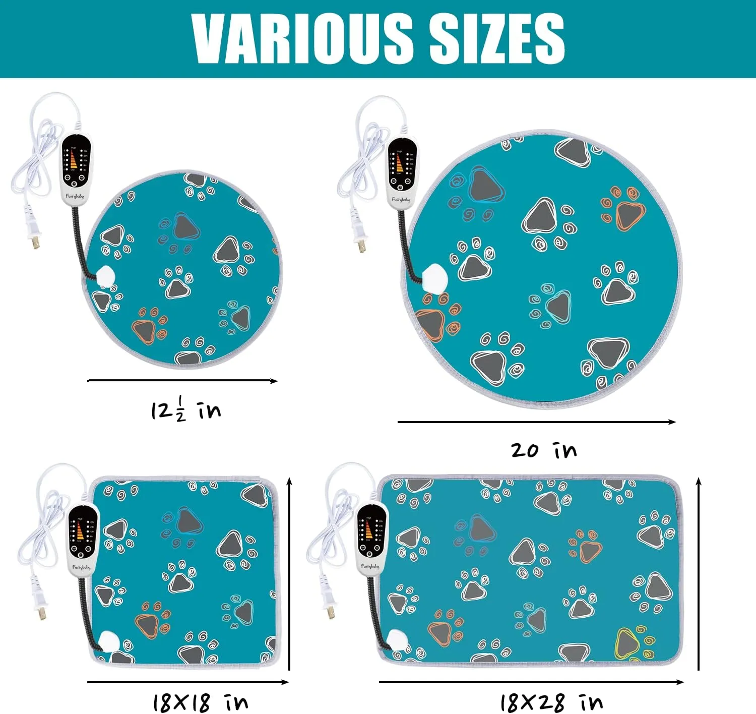 furrybaby Pet Heating Pad, Waterproof Dog Heating Pad Mat for Cat with 5 Level Timer and Temperature, Durable Anti-Bite Tube Indoor for Puppy Dog Cat (Green Paw, 24" X 16")