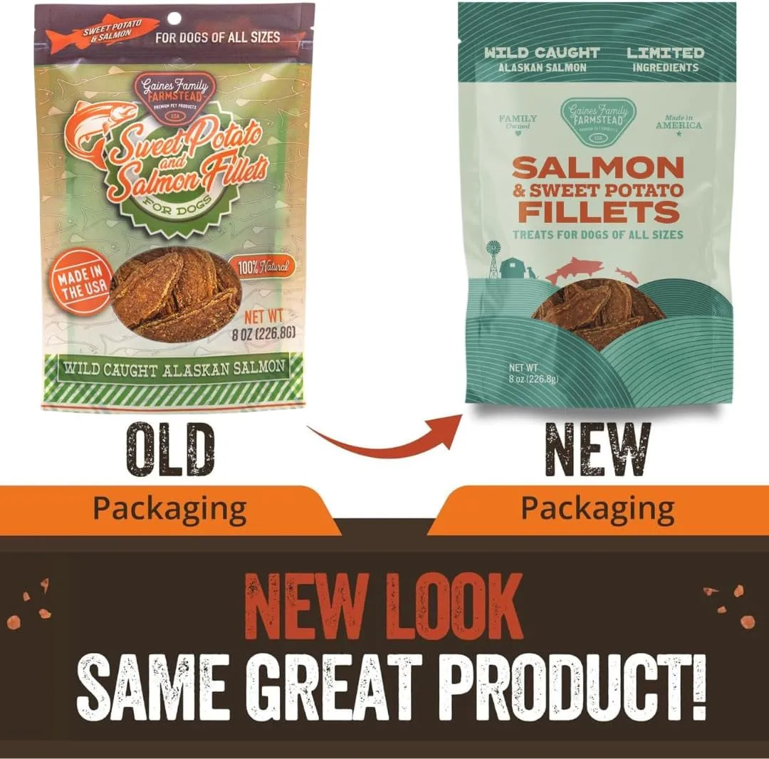 Gaines Family Farmstead Salmon & Sweet Potato Fillets for Dogs, All-Natural, Grain-Free, Healthy Dog Treats for All Ages & Breeds, Made in USA, 8 oz Pouch