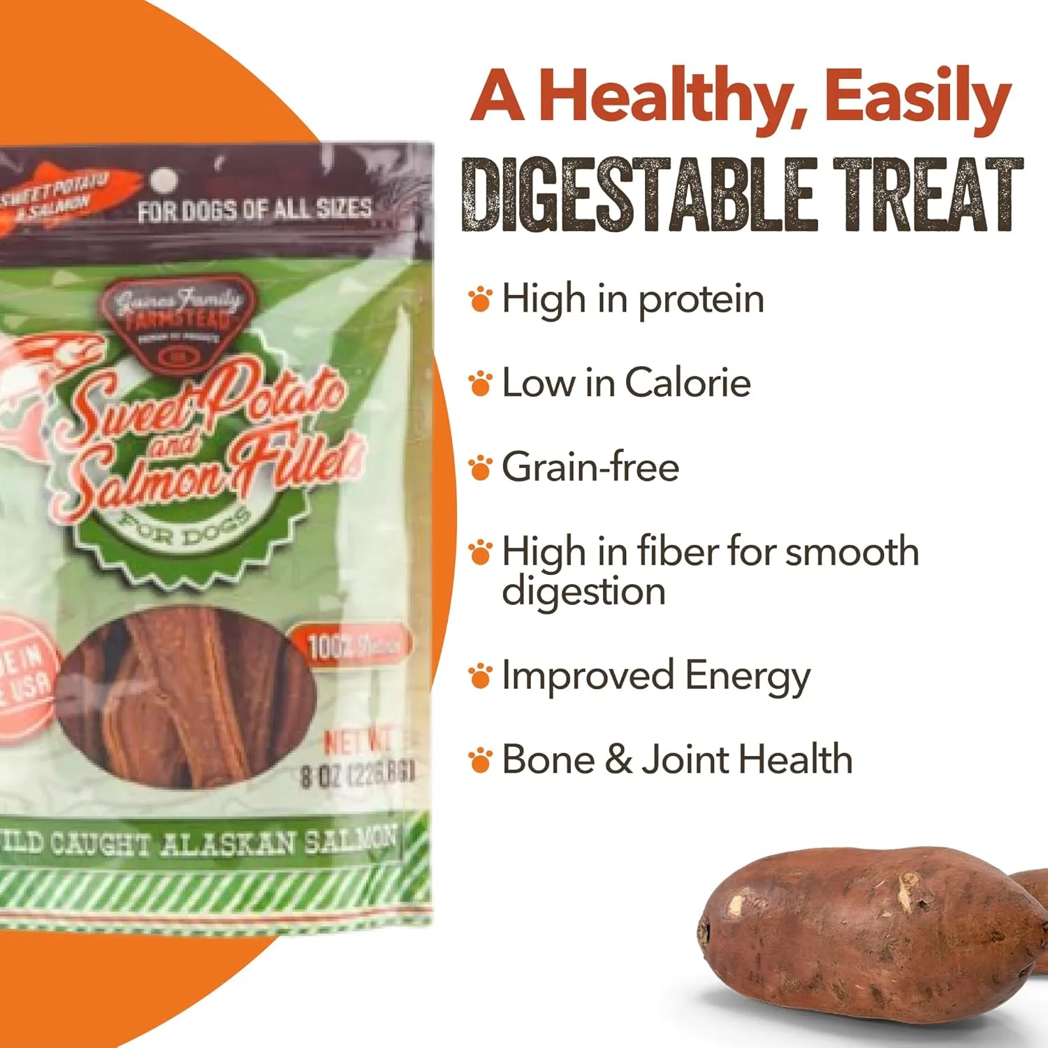 Gaines Family Farmstead Salmon & Sweet Potato Fillets for Dogs, All-Natural, Grain-Free, Healthy Dog Treats for All Ages & Breeds, Made in USA, 8 oz Pouch