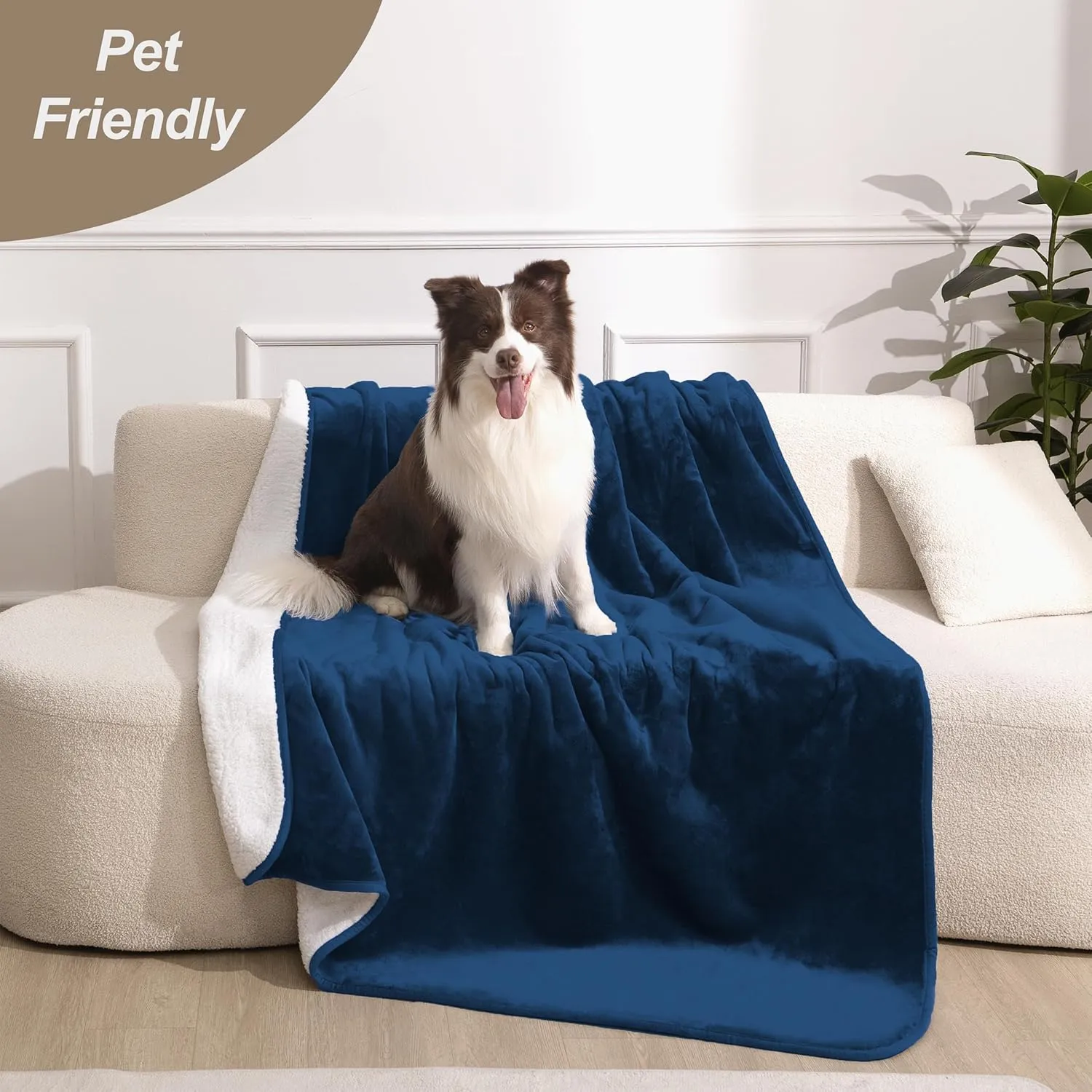 gogobunny Waterproof Bed Blanket, Reversible Sherpa Fleece Throw Blanket for Dog Puppy Cat, Furniture Cover Protects Bed Couch Sofa from Liquid Pee and Pet Fur (Navy Blue, 50x60 inches)