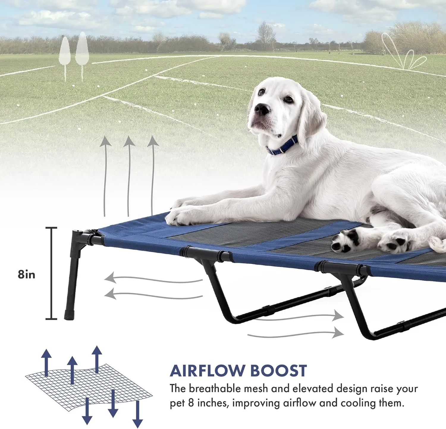 GrandTies Cooling Elevated Dog Bed with Canopy  XL Portable Pet Cot for Outdoor & Indoor Use  Waterproof Removable Shade, Breathable Mesh, Slip-Resistant Feet, Easy Assembly  Blue Berry