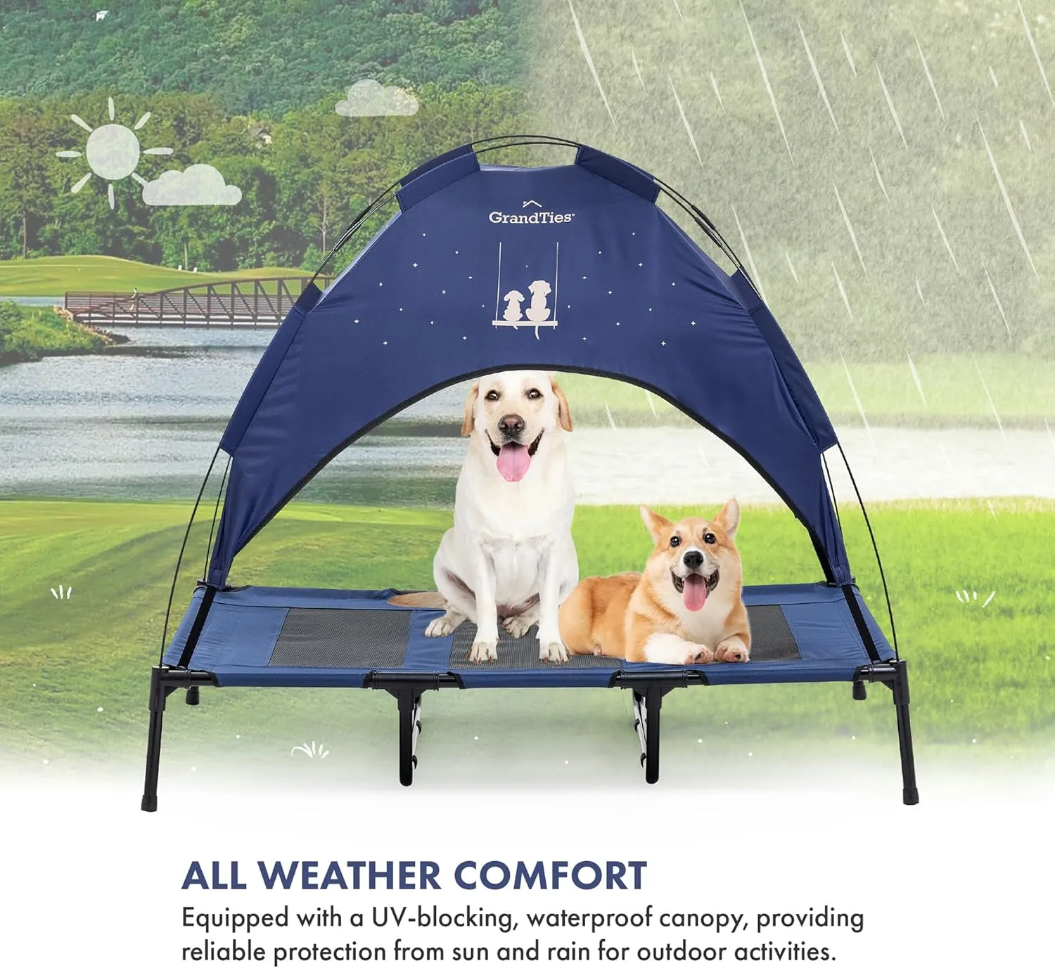 GrandTies Cooling Elevated Dog Bed with Canopy  XL Portable Pet Cot for Outdoor & Indoor Use  Waterproof Removable Shade, Breathable Mesh, Slip-Resistant Feet, Easy Assembly  Blue Berry