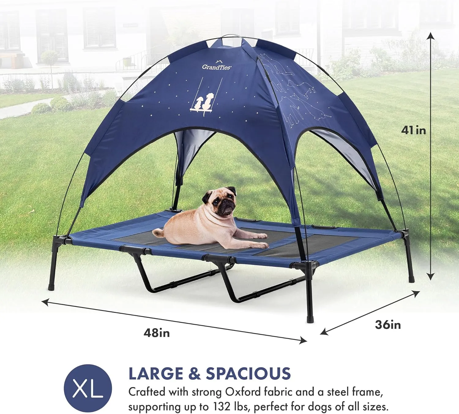 GrandTies Cooling Elevated Dog Bed with Canopy  XL Portable Pet Cot for Outdoor & Indoor Use  Waterproof Removable Shade, Breathable Mesh, Slip-Resistant Feet, Easy Assembly  Blue Berry