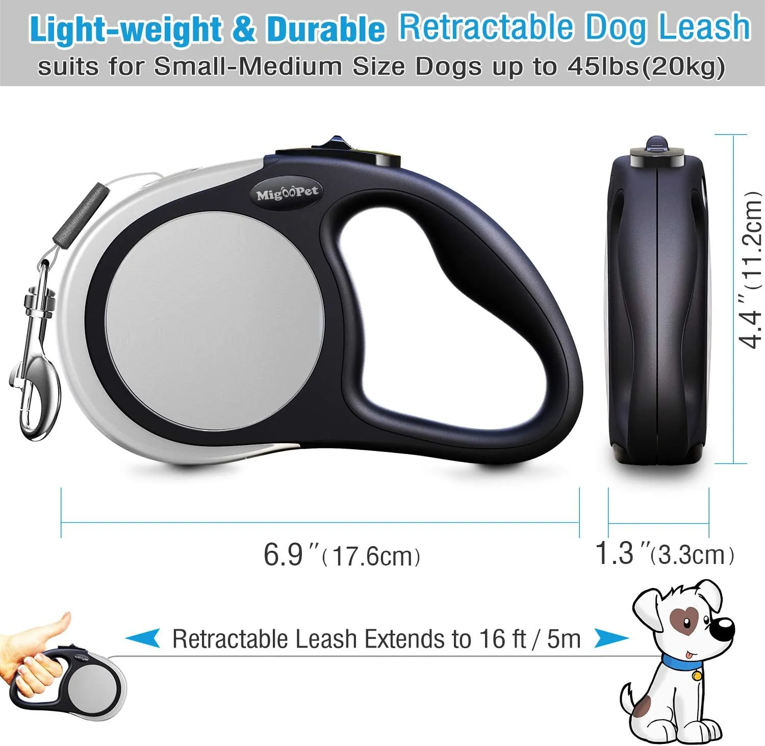 Heavy Duty Retractable Dog Leash-16ft Strong & Durable Walking Leash for S to L Dogs up to 45/115 lbs, Upgraded Lock System, Non Slip Grip, Tangle Free