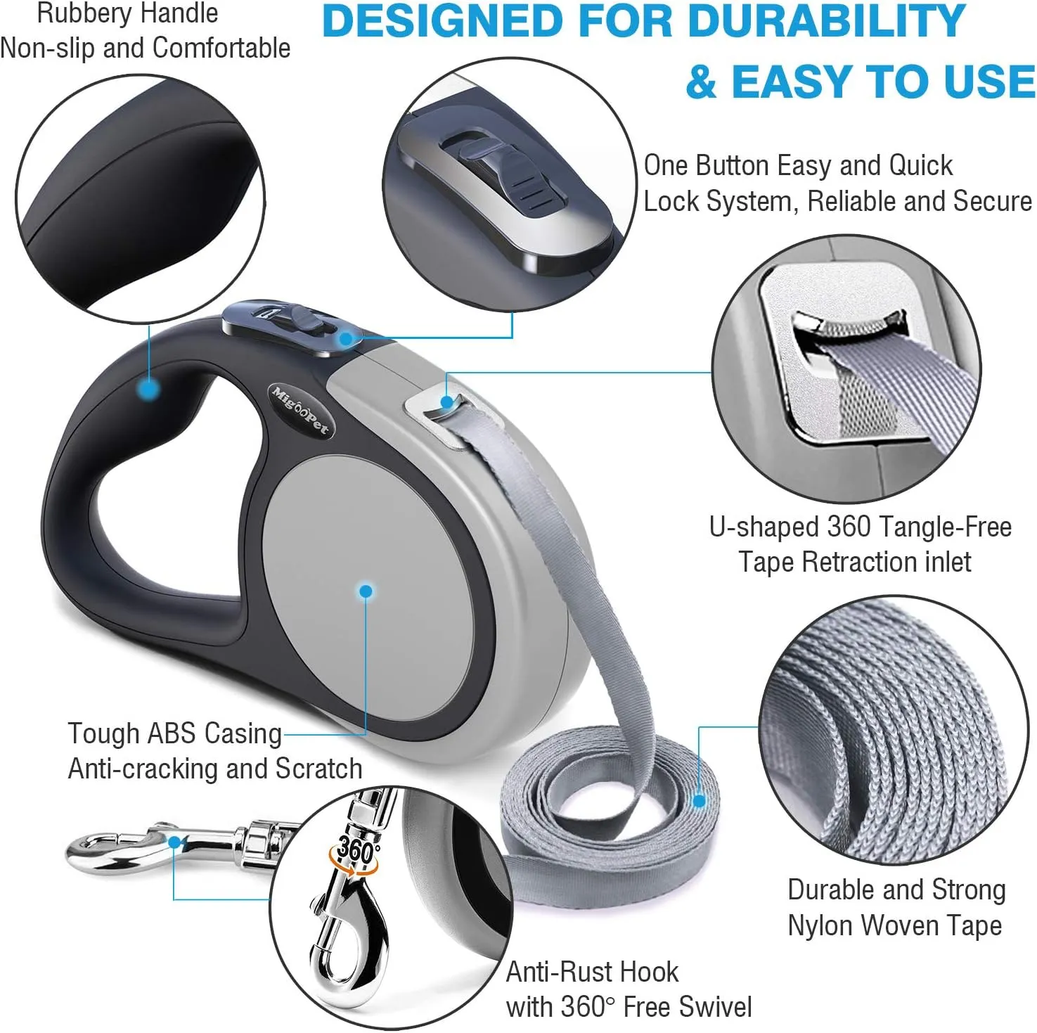 Heavy Duty Retractable Dog Leash-16ft Strong & Durable Walking Leash for S to L Dogs up to 45/115 lbs, Upgraded Lock System, Non Slip Grip, Tangle Free