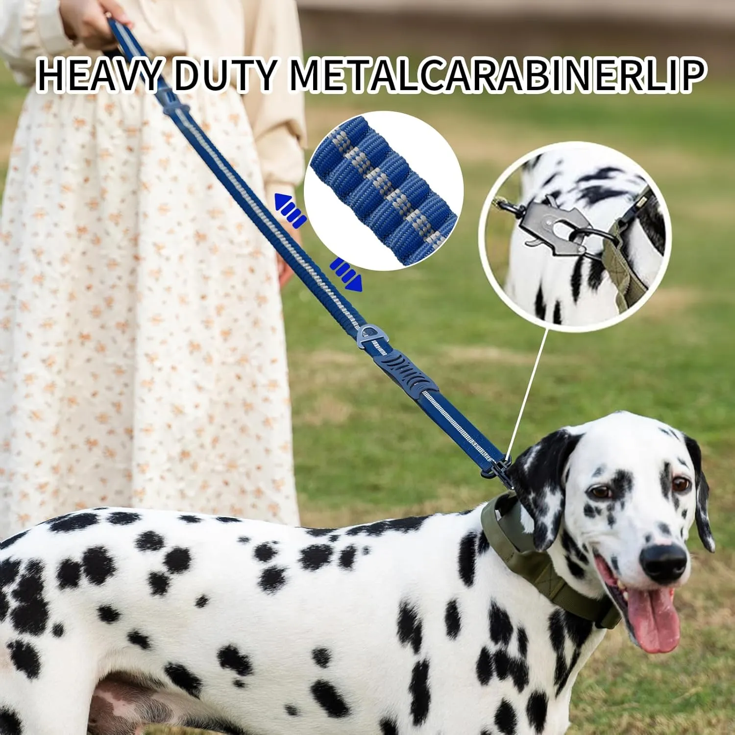 Heavy Duty Tactical Bungee Leash, 4-6FT Shock Absorbing Leash with 2 Padded Handles, Metal Carabiner Clip, Car Seatbelt, Reflective for Medium Large Dogs (Blue)