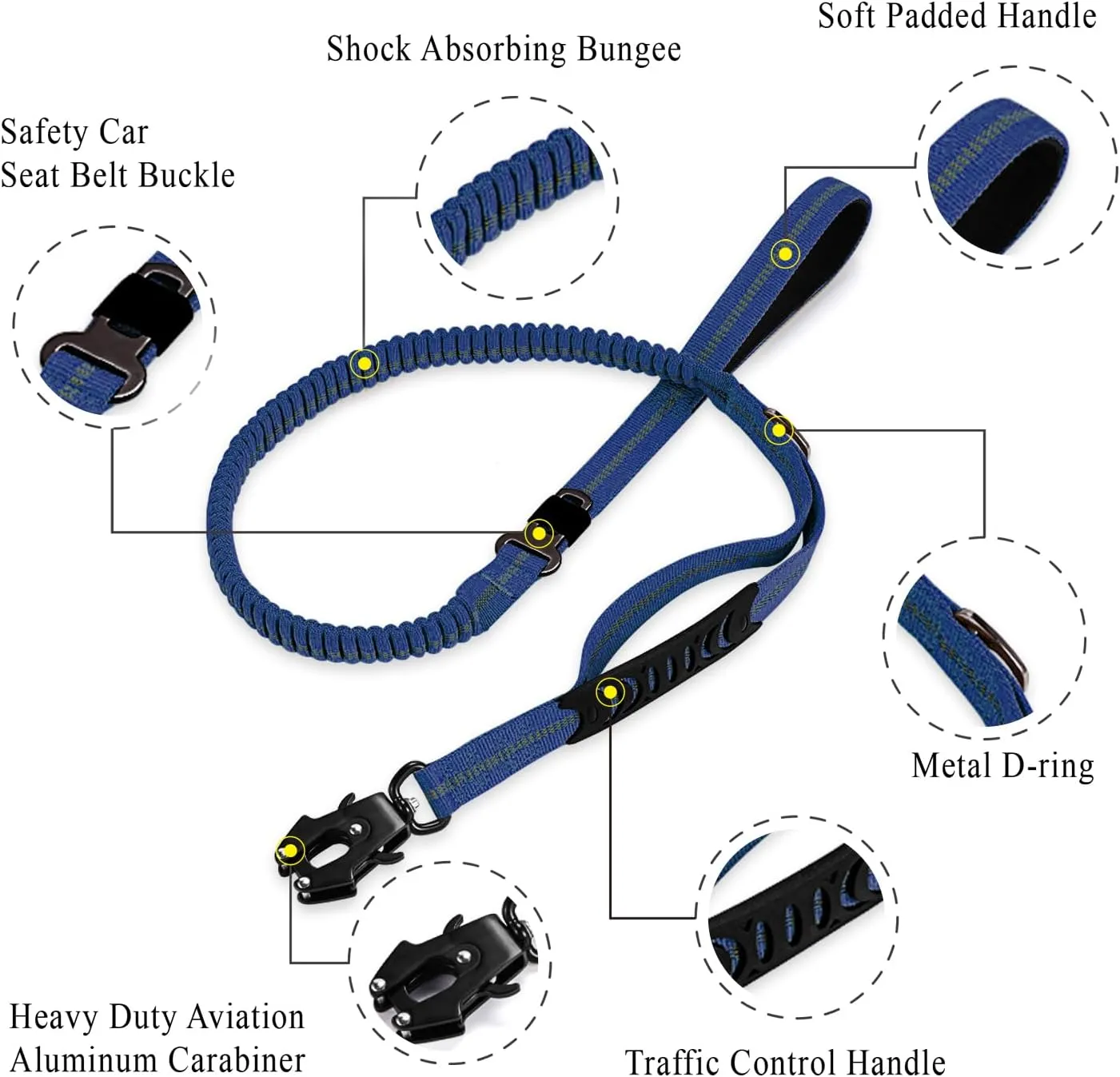 Heavy Duty Tactical Bungee Leash, 4-6FT Shock Absorbing Leash with 2 Padded Handles, Metal Carabiner Clip, Car Seatbelt, Reflective for Medium Large Dogs (Blue)