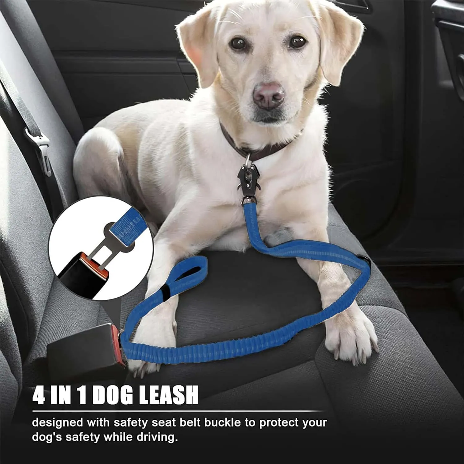 Heavy Duty Tactical Bungee Leash, 4-6FT Shock Absorbing Leash with 2 Padded Handles, Metal Carabiner Clip, Car Seatbelt, Reflective for Medium Large Dogs (Blue)