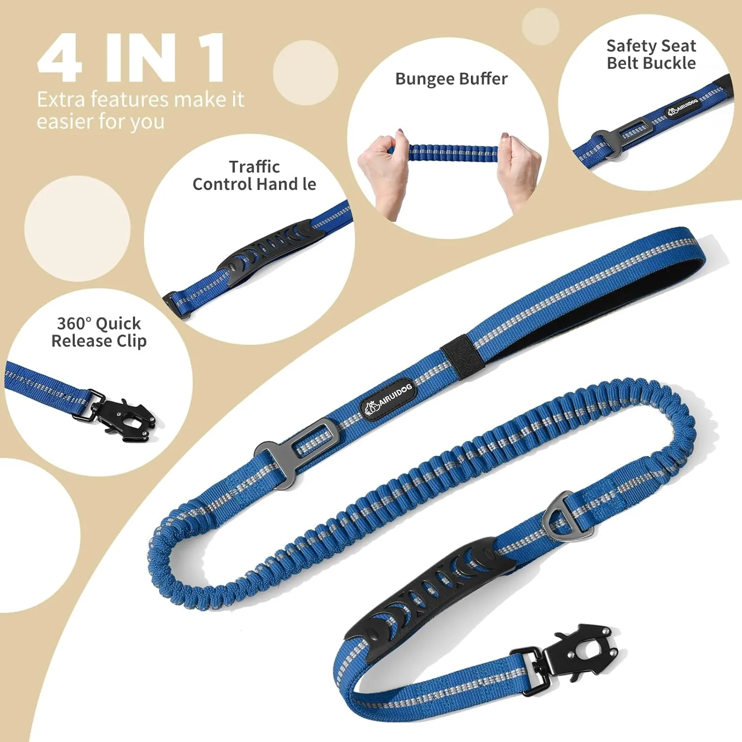 Heavy Duty Tactical Bungee Leash, 4-6FT Shock Absorbing Leash with 2 Padded Handles, Metal Carabiner Clip, Car Seatbelt, Reflective for Medium Large Dogs (Blue)