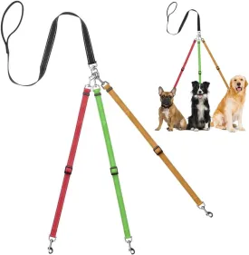 Heavy Duty Tangle Free 3/Three Way Dog Coupler Leash with Padded Handle,Reflective Triple Braid Split Lease Pet Leash for Walking 3/2/1 Medium Large Dogs Training (Muticolor)