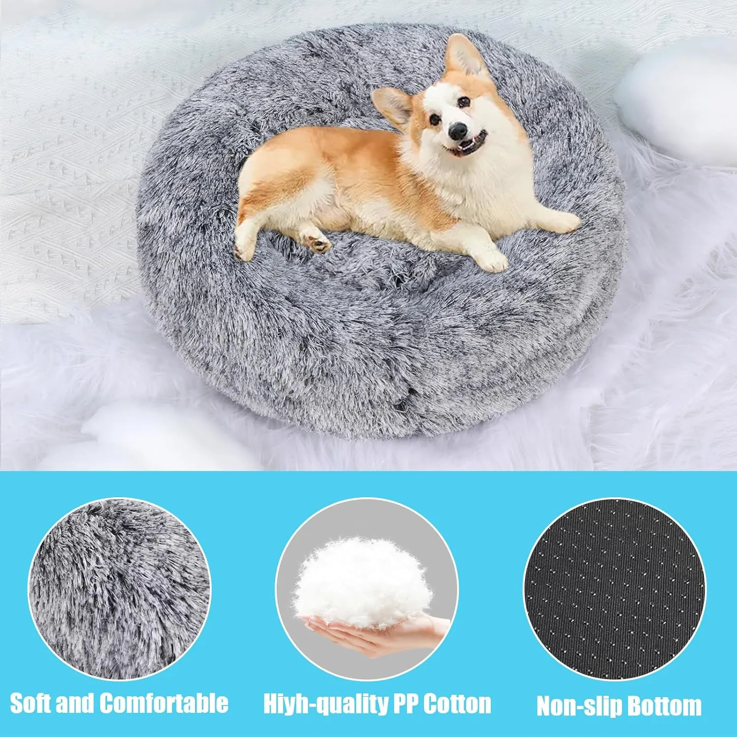 HYQ Small Dog Bed, Cat Beds for Indoor Cats, Pet Beds for Small Dogs, Fluffy Faux Fur Plush Small Dog Bed, Washable Puppy Bed with Anti-Slip Bottom, Dog Bed Small Size Dog (Gray-White, 20 Inch)