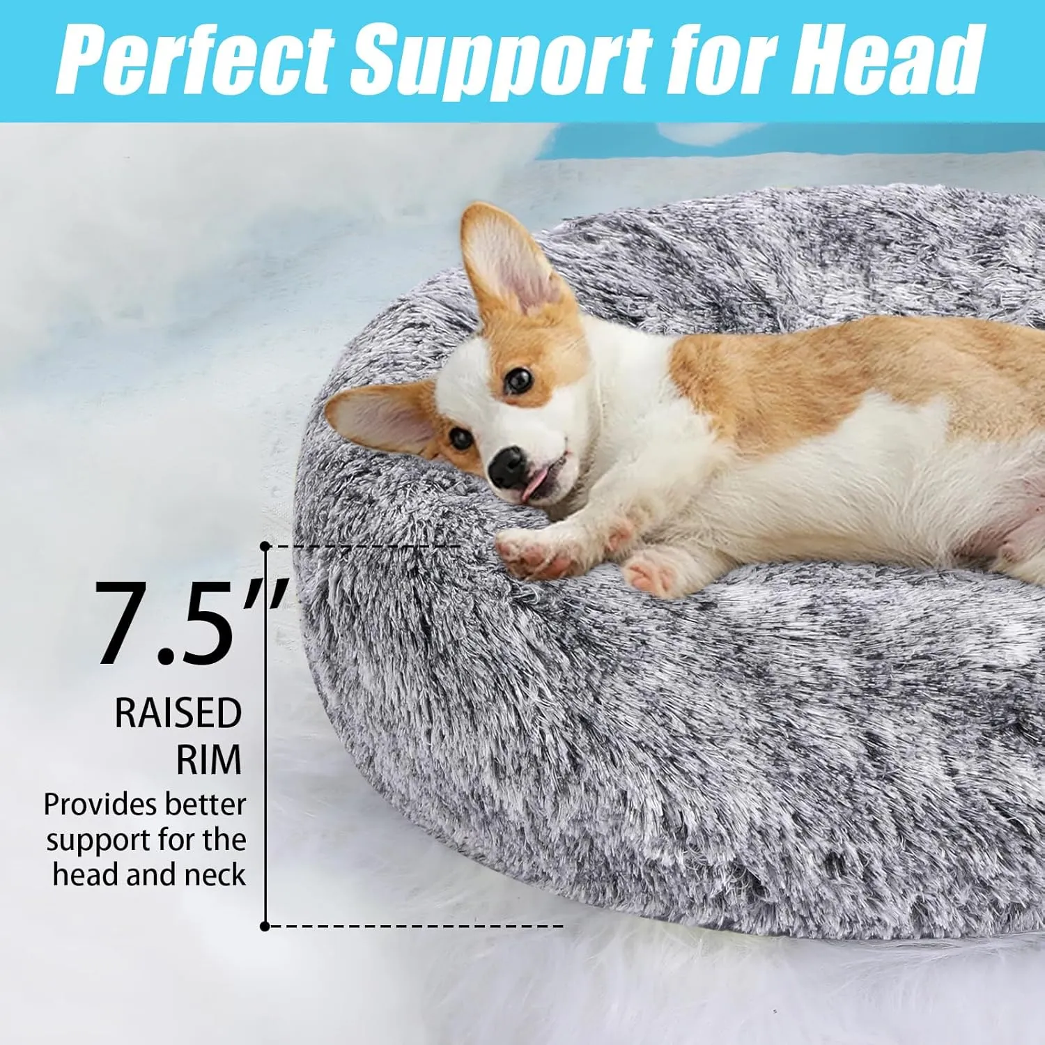 HYQ Small Dog Bed, Cat Beds for Indoor Cats, Pet Beds for Small Dogs, Fluffy Faux Fur Plush Small Dog Bed, Washable Puppy Bed with Anti-Slip Bottom, Dog Bed Small Size Dog (Gray-White, 20 Inch)