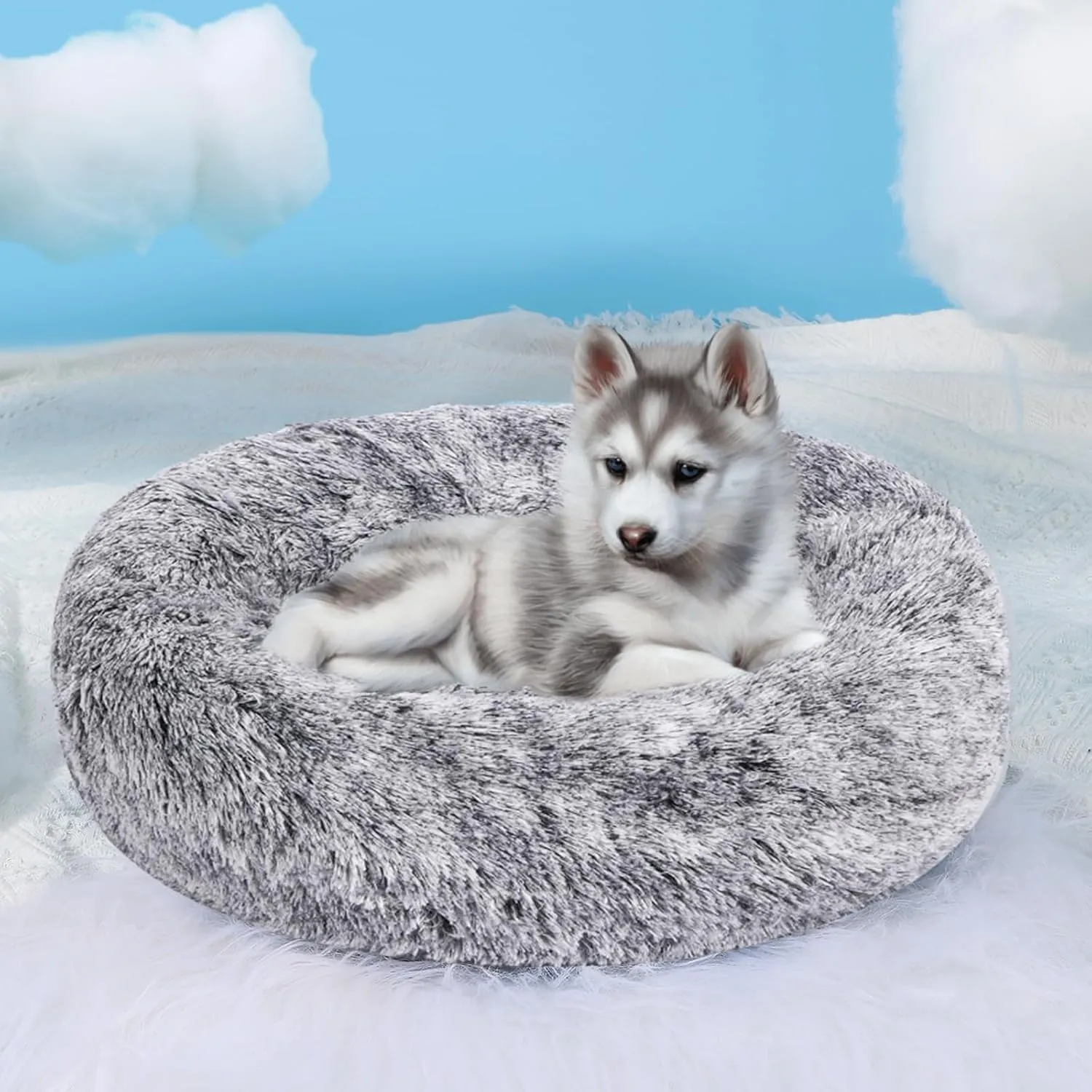 HYQ Small Dog Bed, Cat Beds for Indoor Cats, Pet Beds for Small Dogs, Fluffy Faux Fur Plush Small Dog Bed, Washable Puppy Bed with Anti-Slip Bottom, Dog Bed Small Size Dog (Gray-White, 20 Inch)