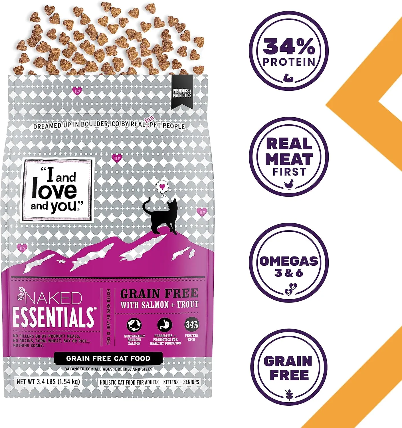 I and love and you Naked Essentials Dry Cat Food - Salmon   Trout - Grain Free, Real Meat, No Fillers, Prebiotics   Probiotics, 3.4lb Bag