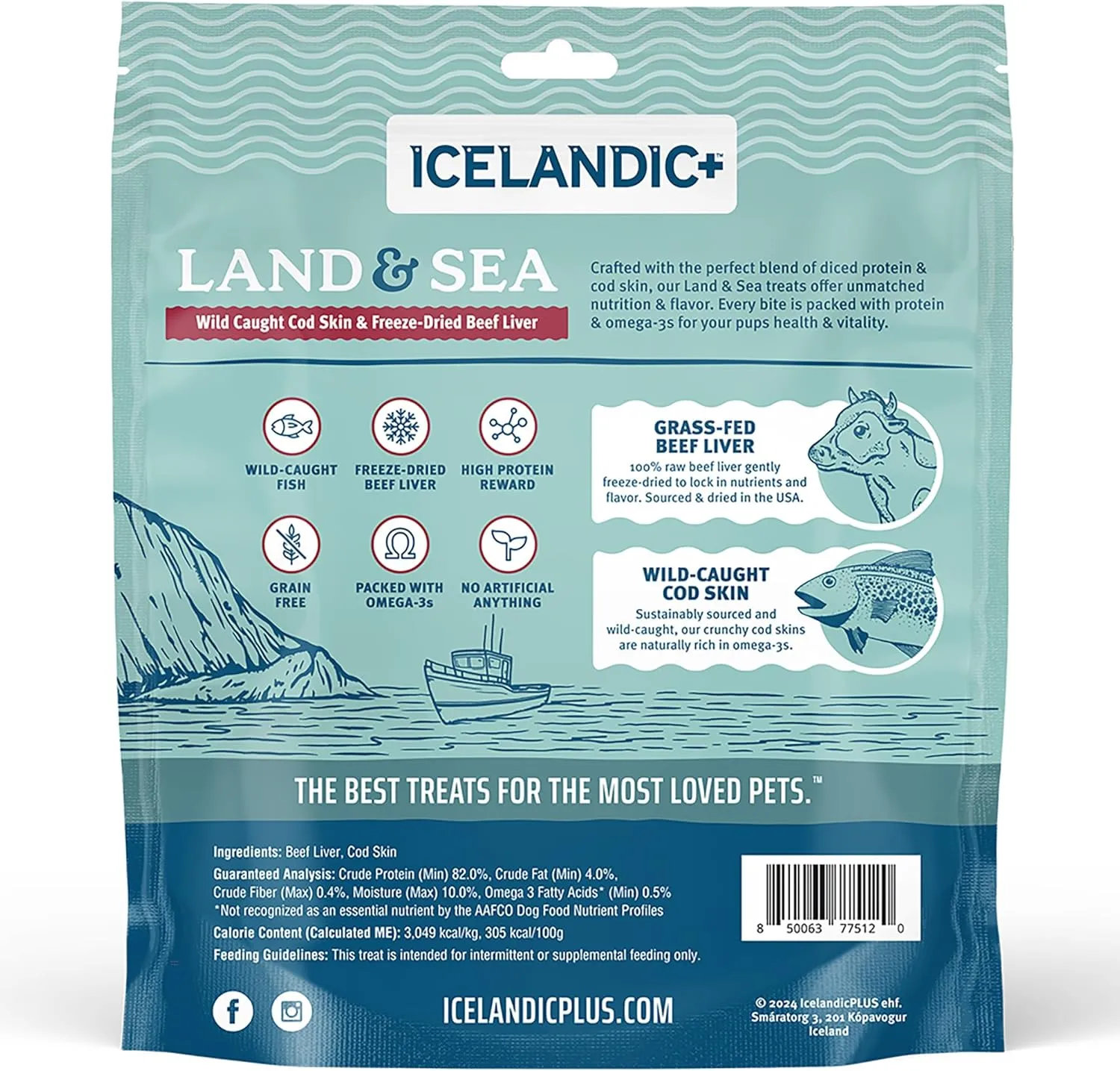 Icelandic  Land & Sea Wild Caught Cod Skin & Freeze-Dried Beef Liver - 6.75oz Bag, Dog Treat & Food Topper, 2 Ingredients, No Preservatives, Natural