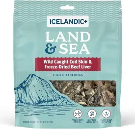 Icelandic  Land & Sea Wild Caught Cod Skin & Freeze-Dried Beef Liver - 6.75oz Bag, Dog Treat & Food Topper, 2 Ingredients, No Preservatives, Natural