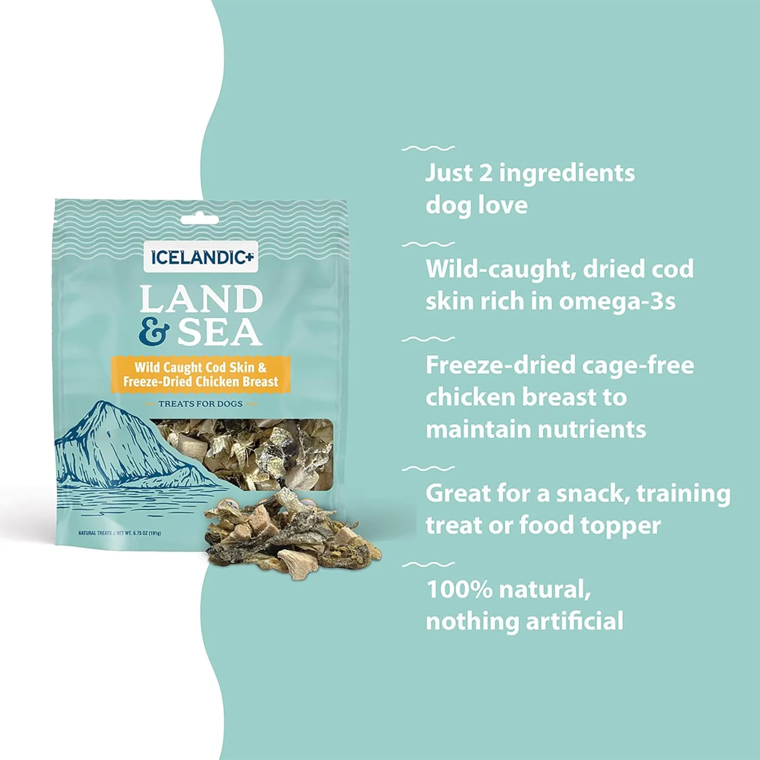 Icelandic  Land & Sea Wild Caught Cod Skin & Freeze-Dried Chicken Breast - 2.4oz Bag, Dog Treat & Food Topper, 2 Ingredient, No Preservatives, Natural
