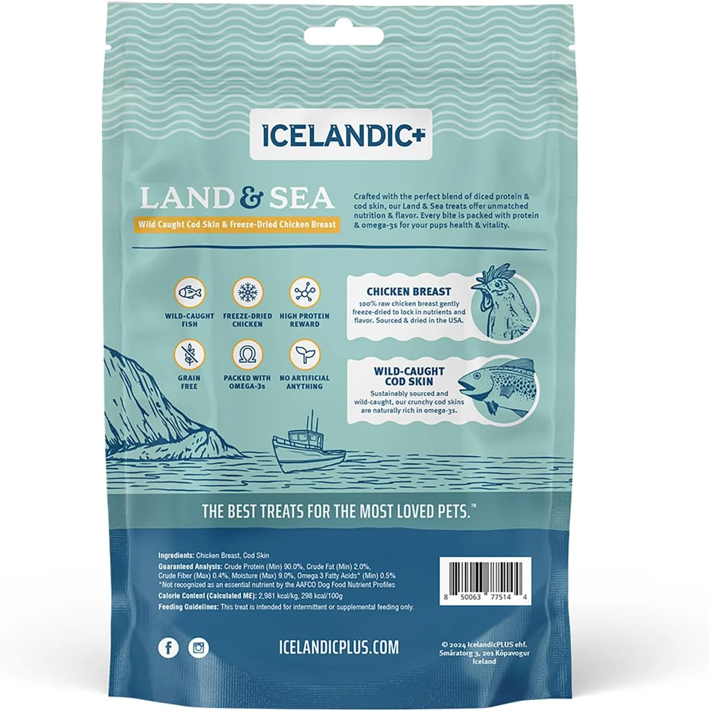 Icelandic  Land & Sea Wild Caught Cod Skin & Freeze-Dried Chicken Breast - 2.4oz Bag, Dog Treat & Food Topper, 2 Ingredient, No Preservatives, Natural
