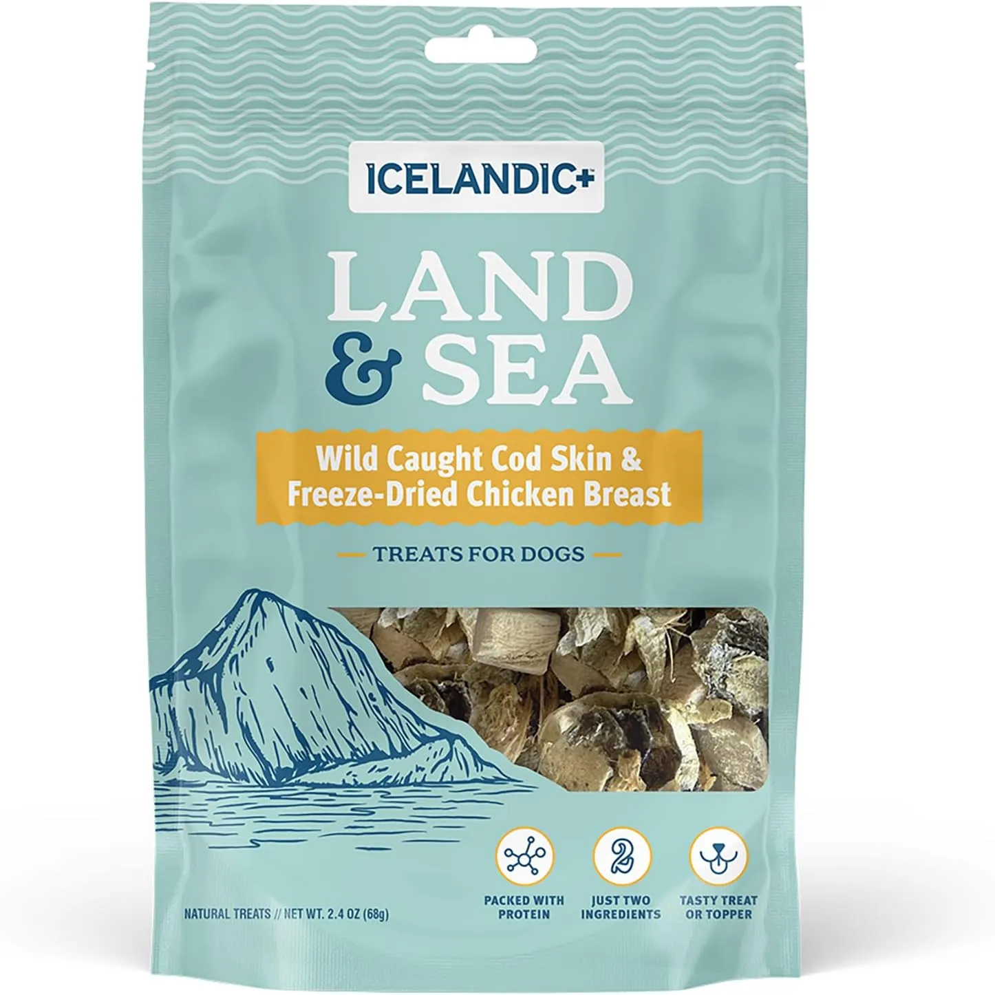 Icelandic  Land & Sea Wild Caught Cod Skin & Freeze-Dried Chicken Breast - 2.4oz Bag, Dog Treat & Food Topper, 2 Ingredient, No Preservatives, Natural