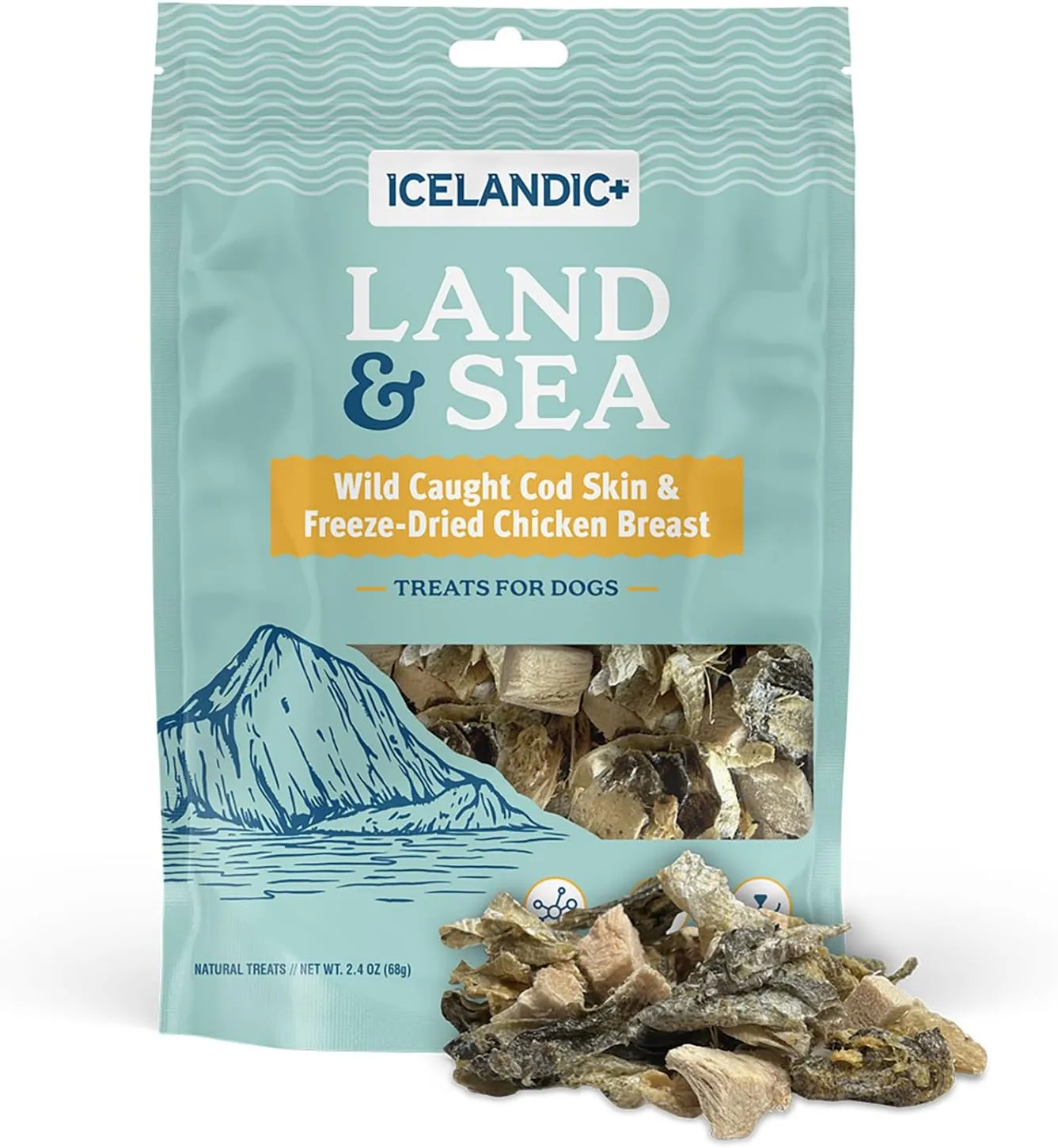 Icelandic  Land & Sea Wild Caught Cod Skin & Freeze-Dried Chicken Breast - 2.4oz Bag, Dog Treat & Food Topper, 2 Ingredient, No Preservatives, Natural