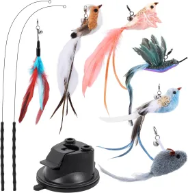 Interactive Bird Simulation Cat Toy Set, Self-Holding Suction Base, Cat Feather Toys with 2 Teaser Poles, 4 Replacement Birds, 1 Feather, 1 Mouse