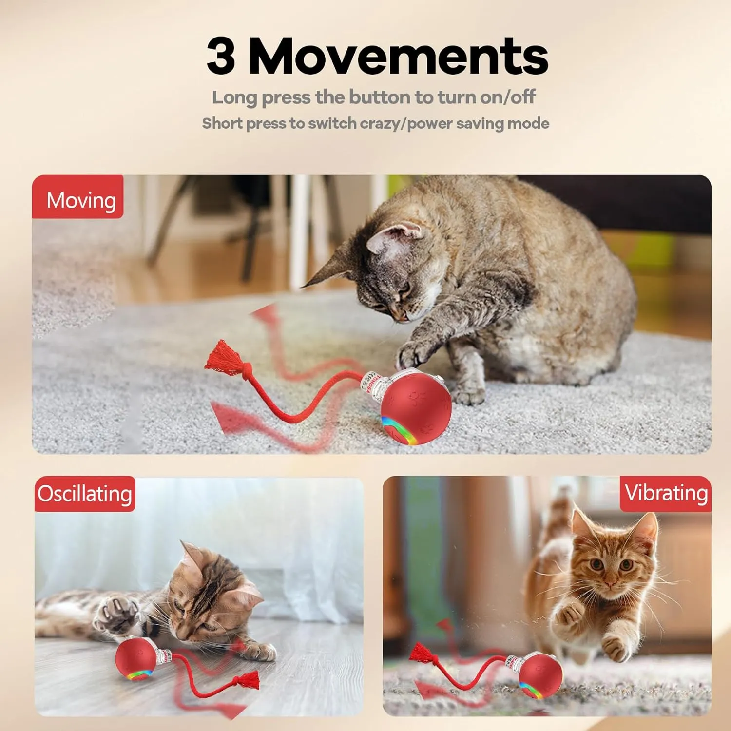 Interactive Cat Toys for Bored Indoor Cats - Motion Activated, RGB Lighting, 2 Speed Settings & 3 Modes - for Cats & Kittens!