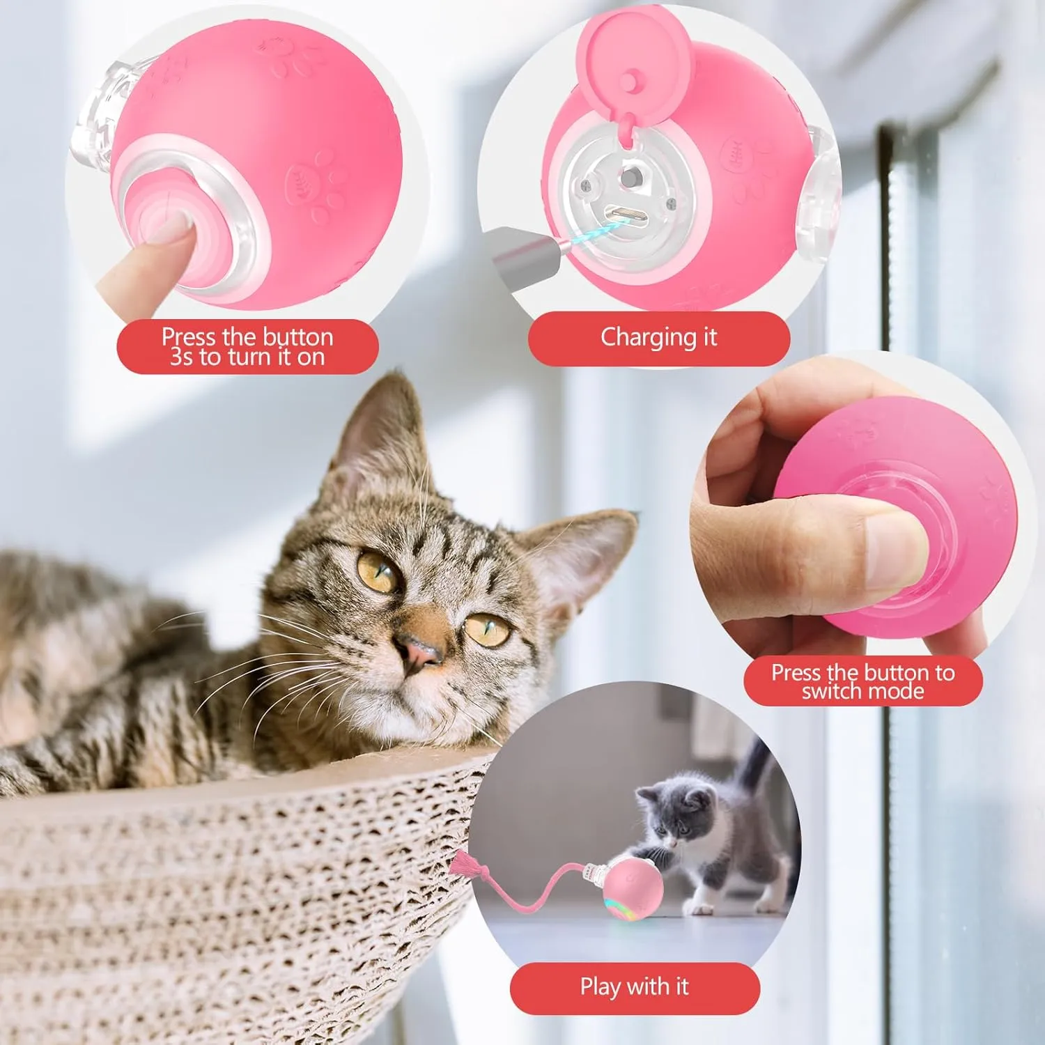 Interactive Toys for Indoor Cats with Birds Chirping and RGB Light - Motion Activated Ball for Bored Adult Cats