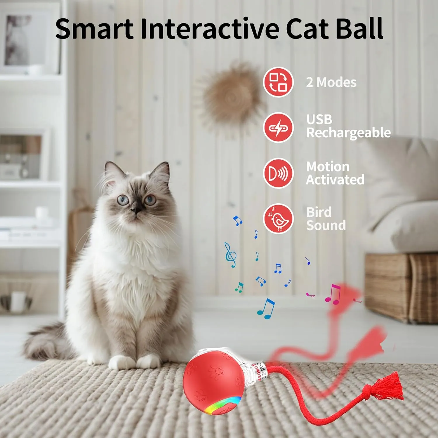 Interactive Toys for Indoor Cats with Birds Chirping and RGB Light - Motion Activated Ball for Bored Adult Cats
