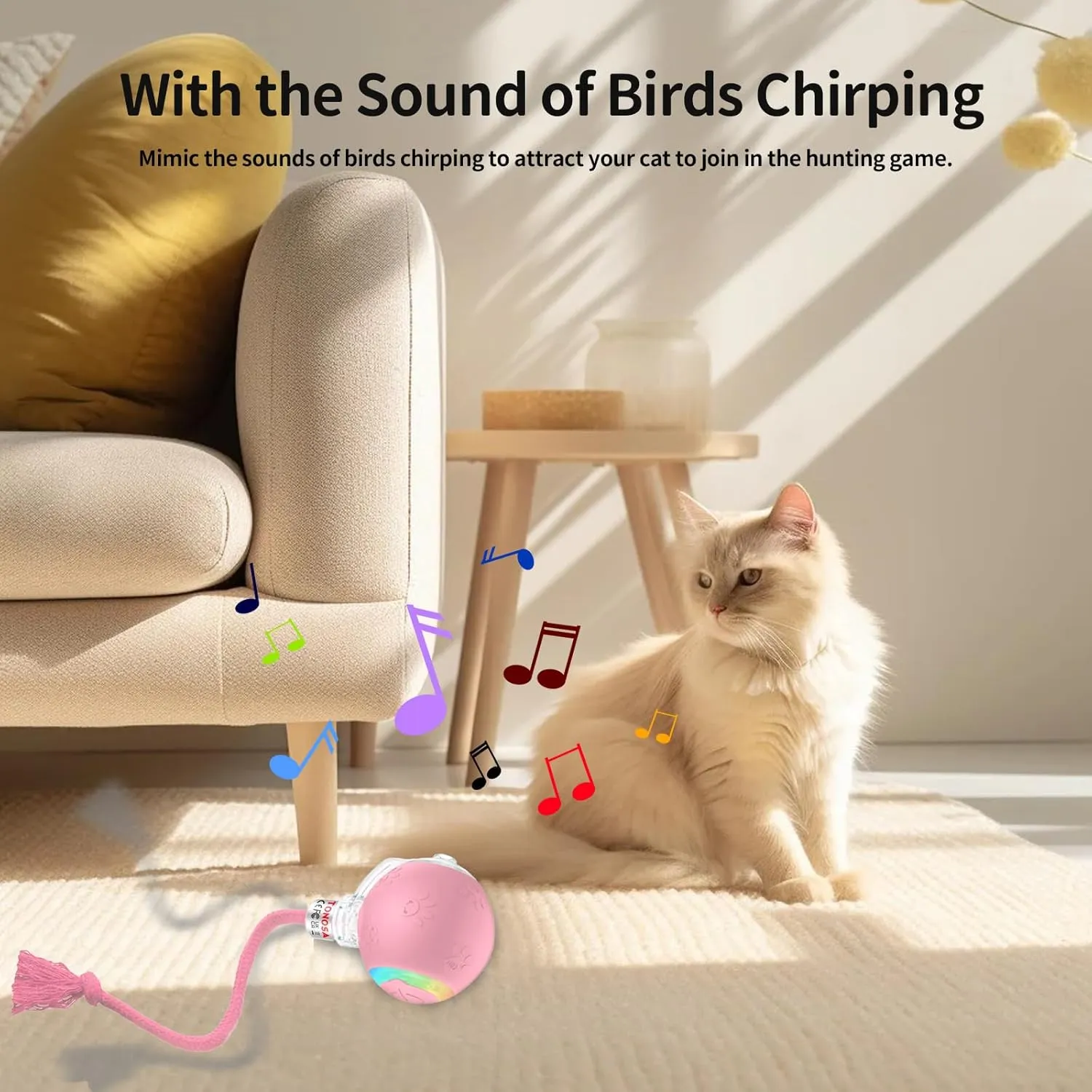Interactive Toys for Indoor Cats with Birds Chirping and RGB Light - Motion Activated Ball for Bored Adult Cats