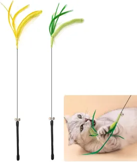 IUHKBH Cat Wands, 2 PCS Steel Wire Feather Wands Long Pole Cat Teaser Wand with Bell Interactive Kitten Toys
